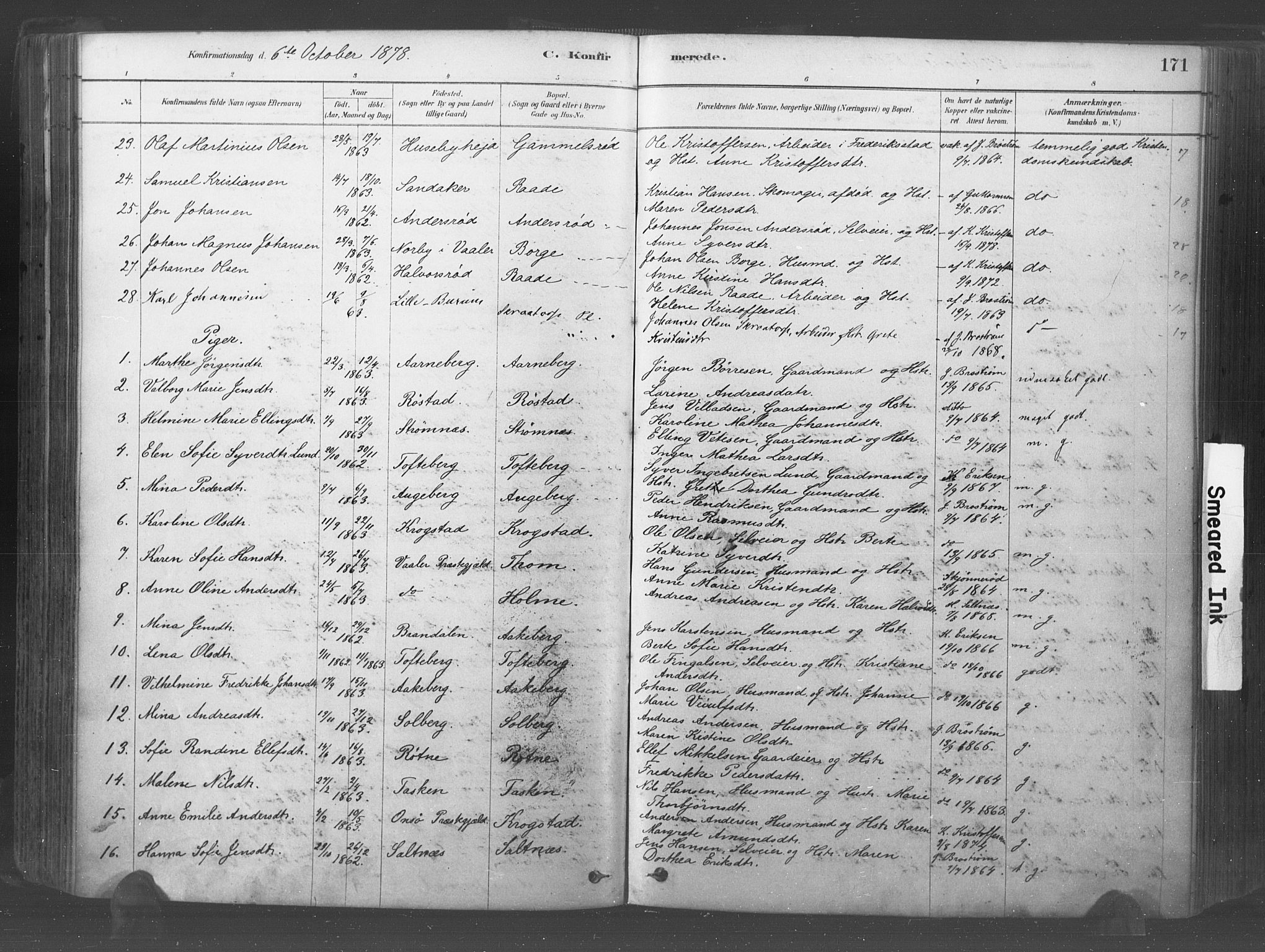 Råde prestekontor kirkebøker, SAO/A-2009/F/Fa/L0007: Parish register (official) no. 7, 1878-1902, p. 171