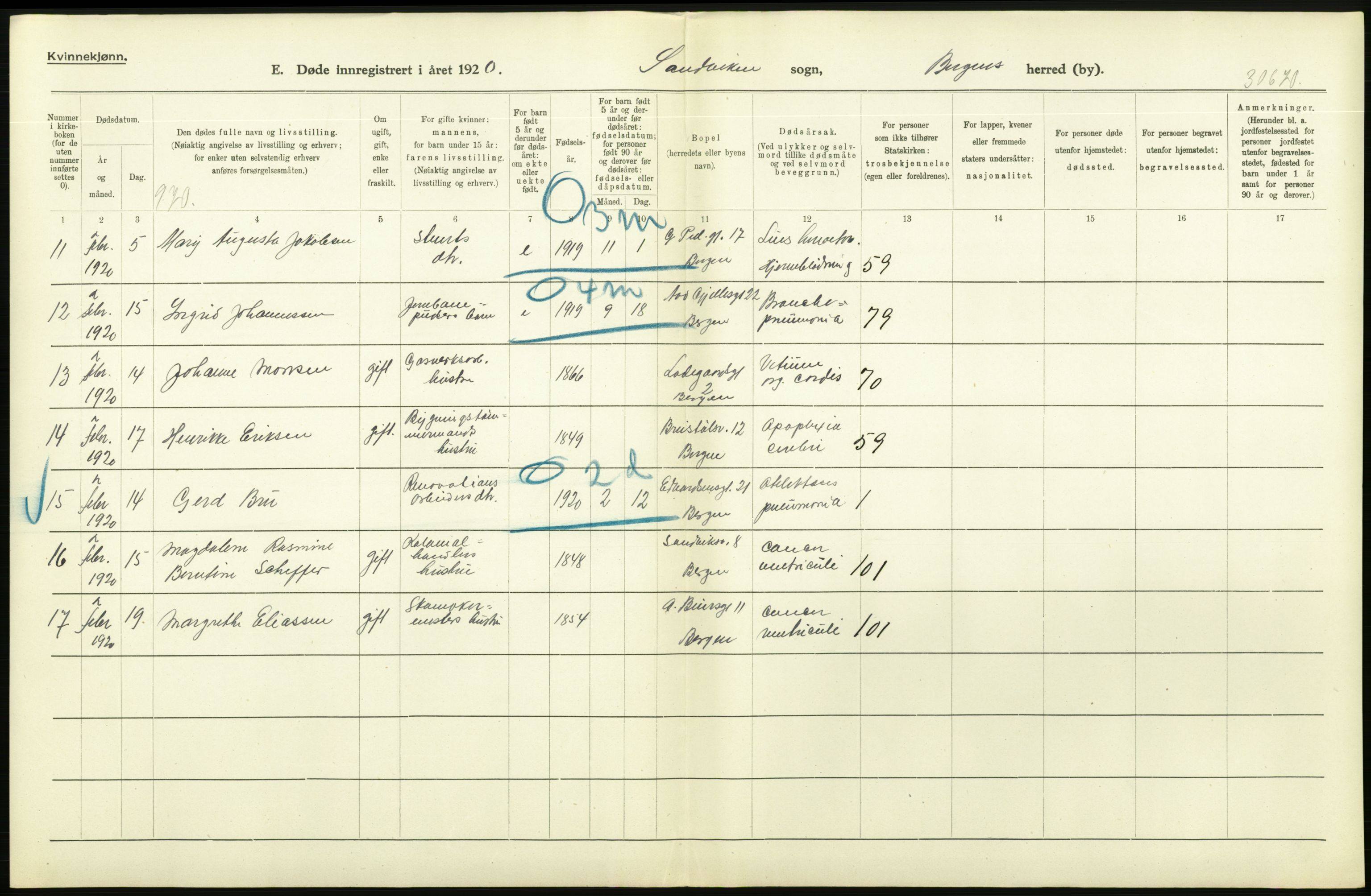 Statistisk sentralbyrå, Sosiodemografiske emner, Befolkning, AV/RA-S-2228/D/Df/Dfb/Dfbj/L0042: Bergen: Gifte, døde, dødfødte., 1920, p. 498