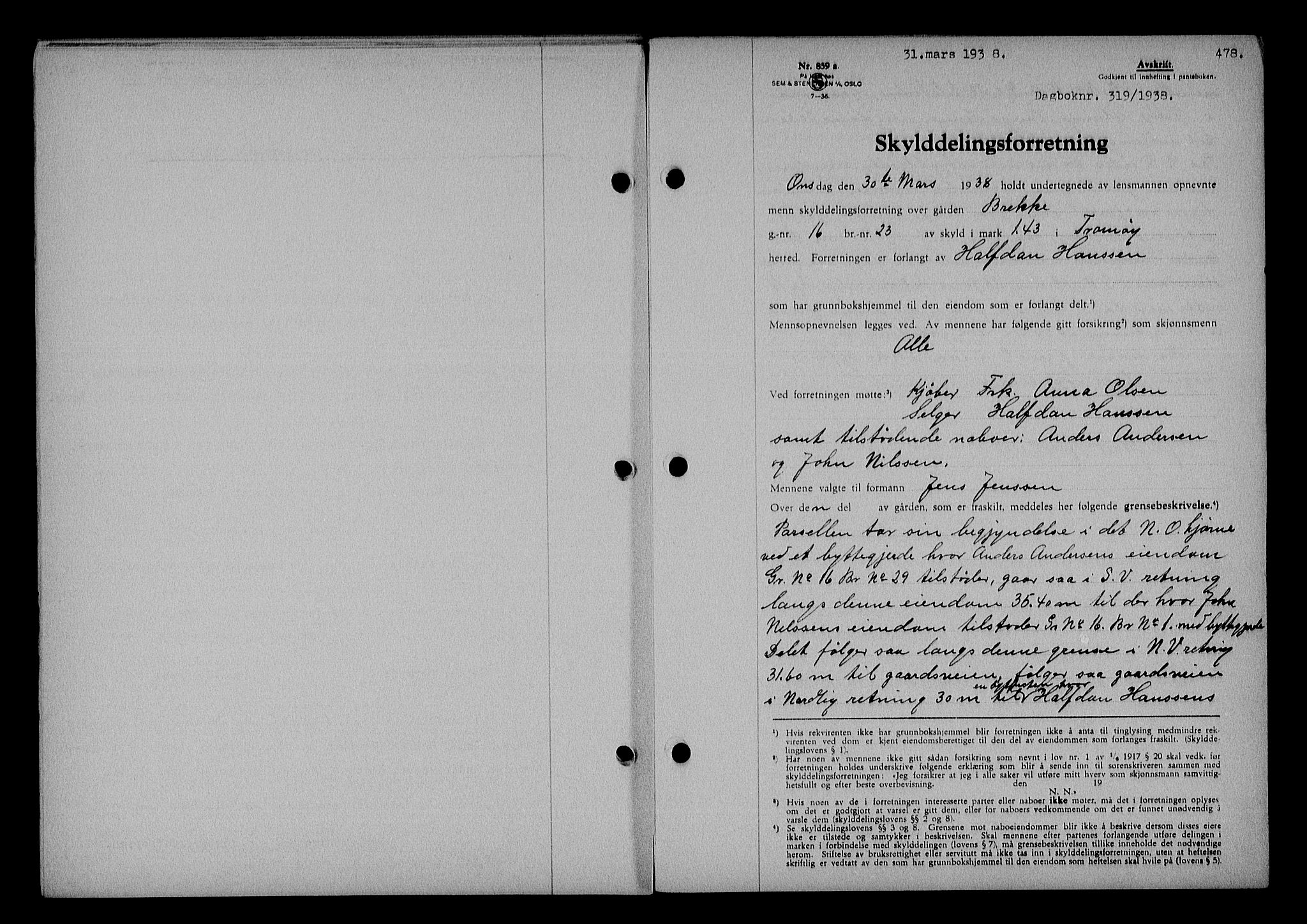 Nedenes sorenskriveri, AV/SAK-1221-0006/G/Gb/Gba/L0044: Mortgage book no. 40, 1937-1938, Diary no: : 319/1938