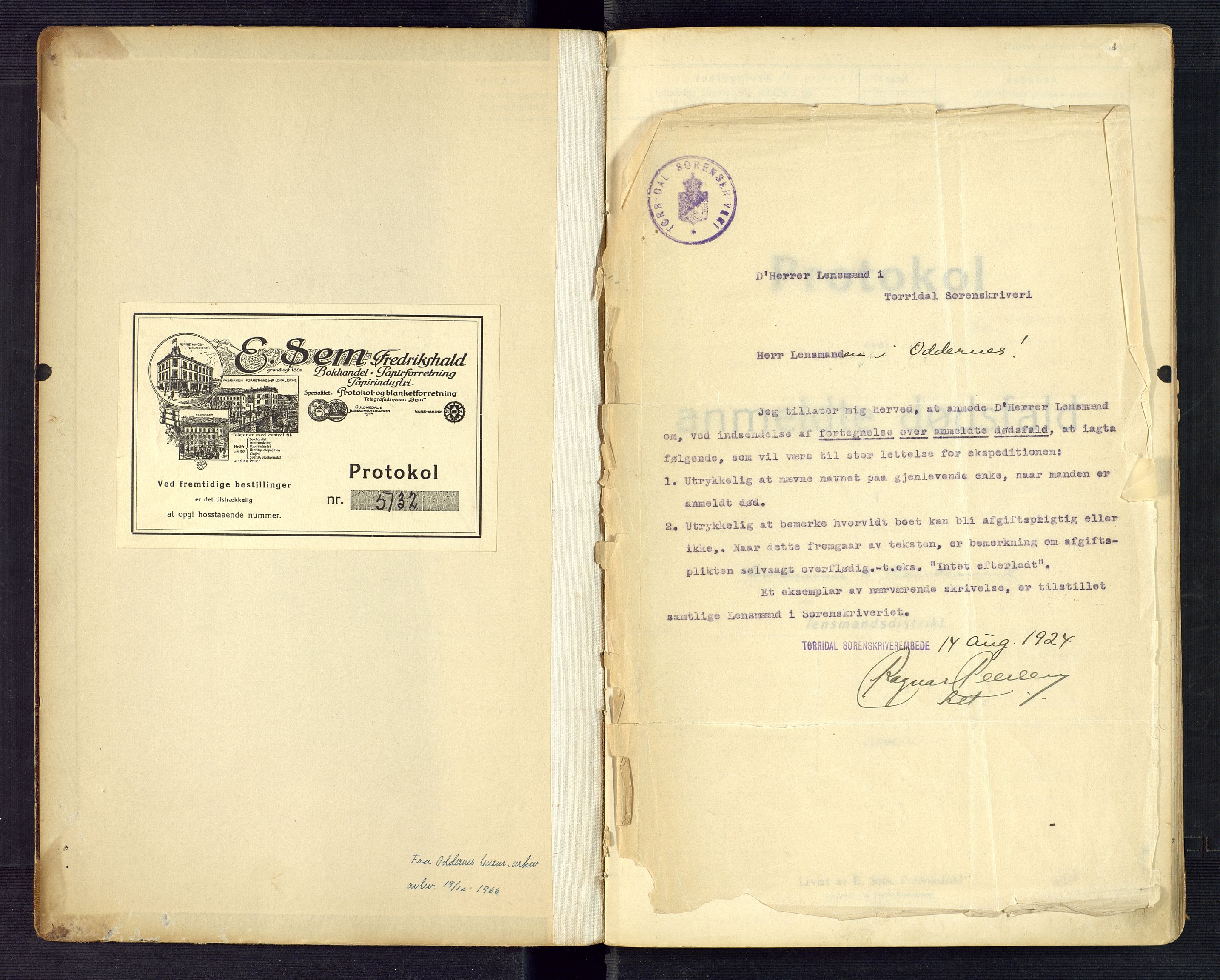Torridal sorenskriveri, AV/SAK-1221-0012/H/Ha/L0007: Dødsfallsprotokoll Oddernes nr. 3, 1919-1927