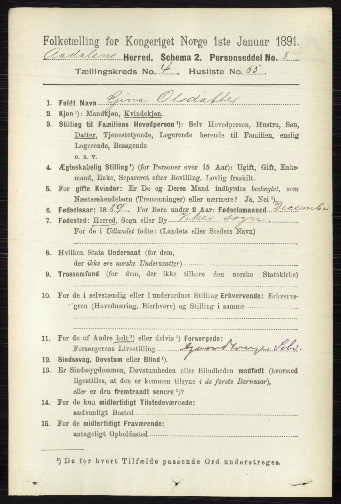 RA, 1891 census for 0614 Ådal, 1891, p. 1907