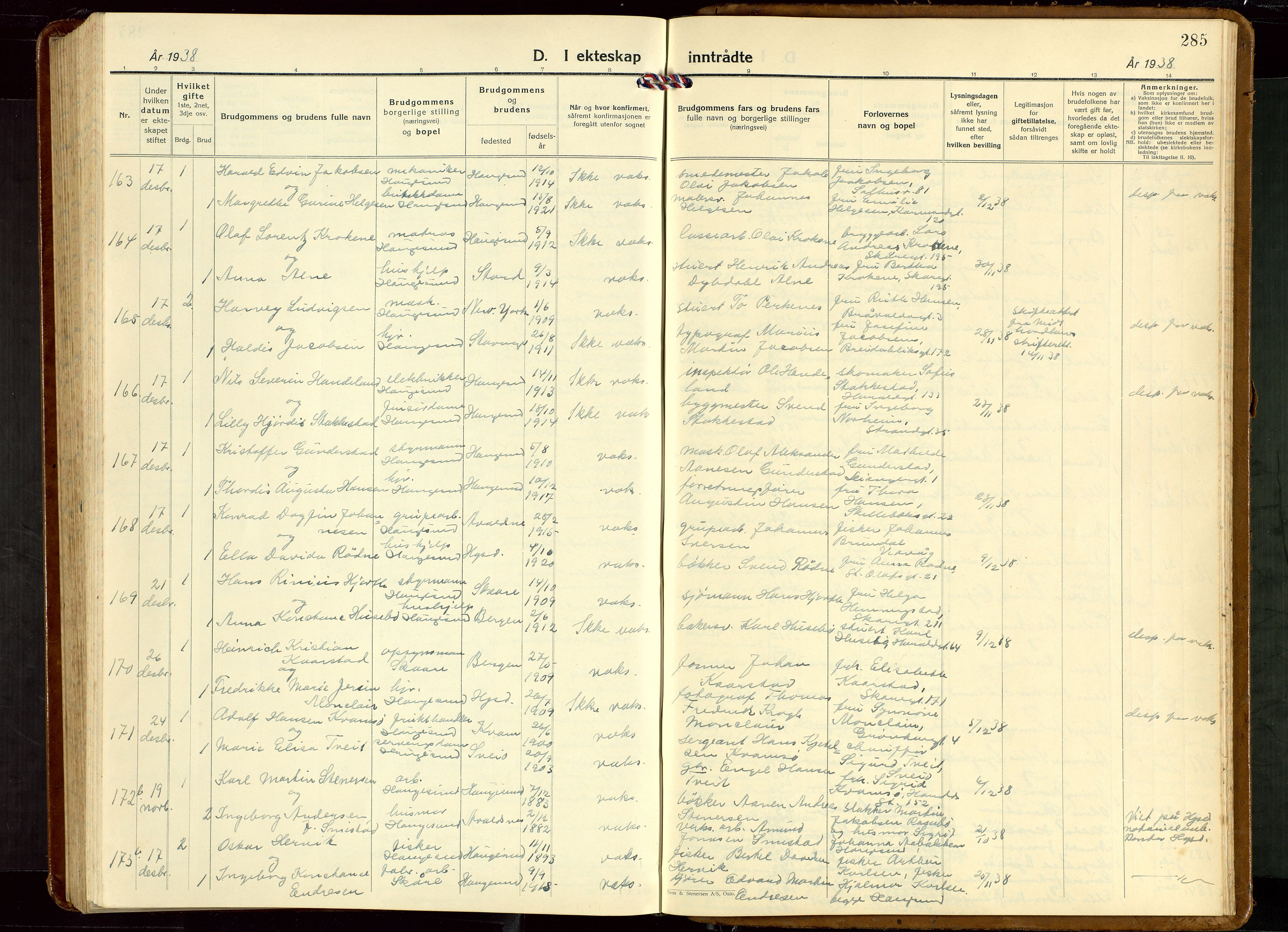 Haugesund sokneprestkontor, SAST/A -101863/H/Ha/Hab/L0013: Parish register (copy) no. B 13, 1931-1943, p. 285