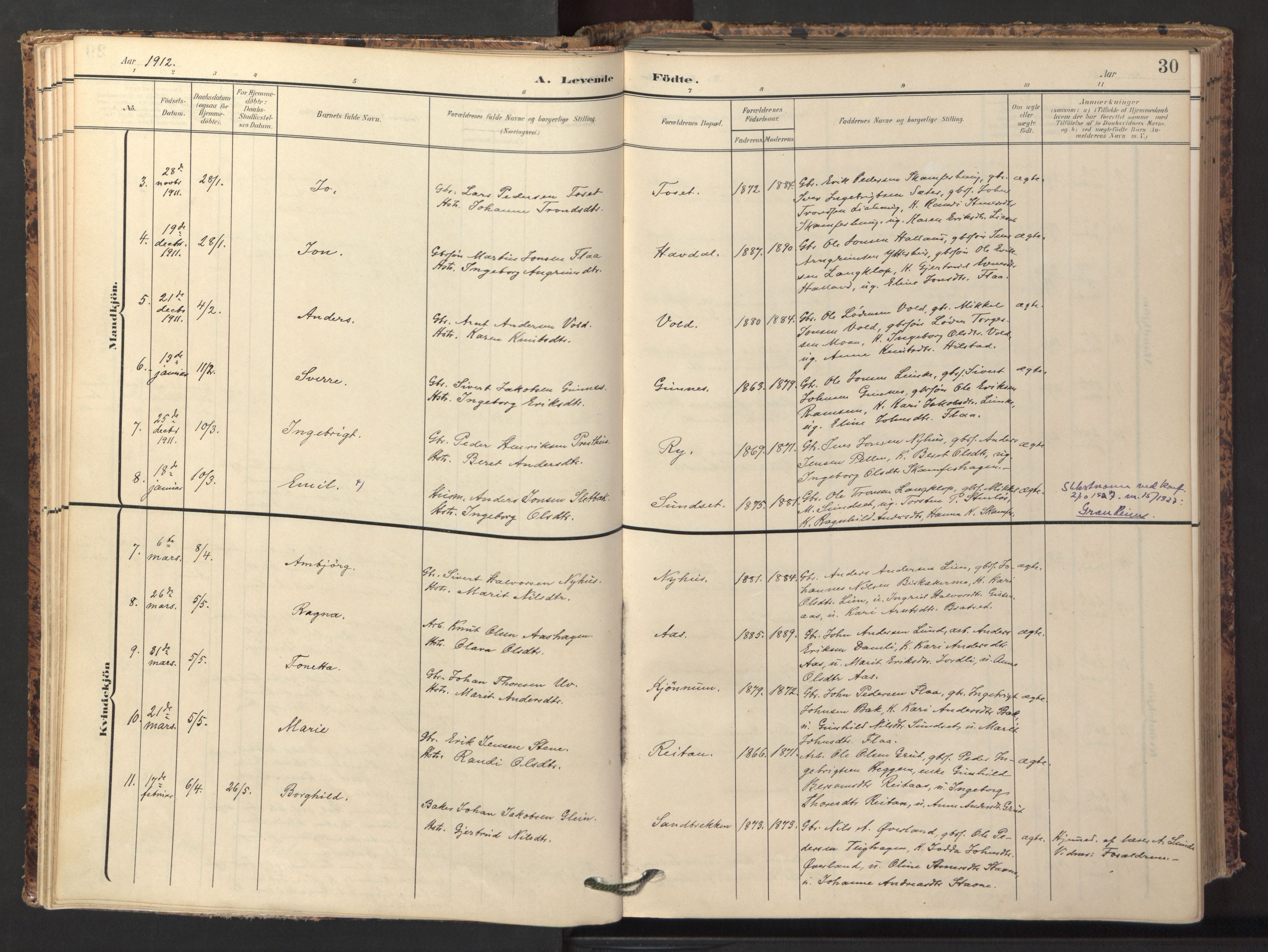 Ministerialprotokoller, klokkerbøker og fødselsregistre - Sør-Trøndelag, SAT/A-1456/674/L0873: Parish register (official) no. 674A05, 1908-1923, p. 30