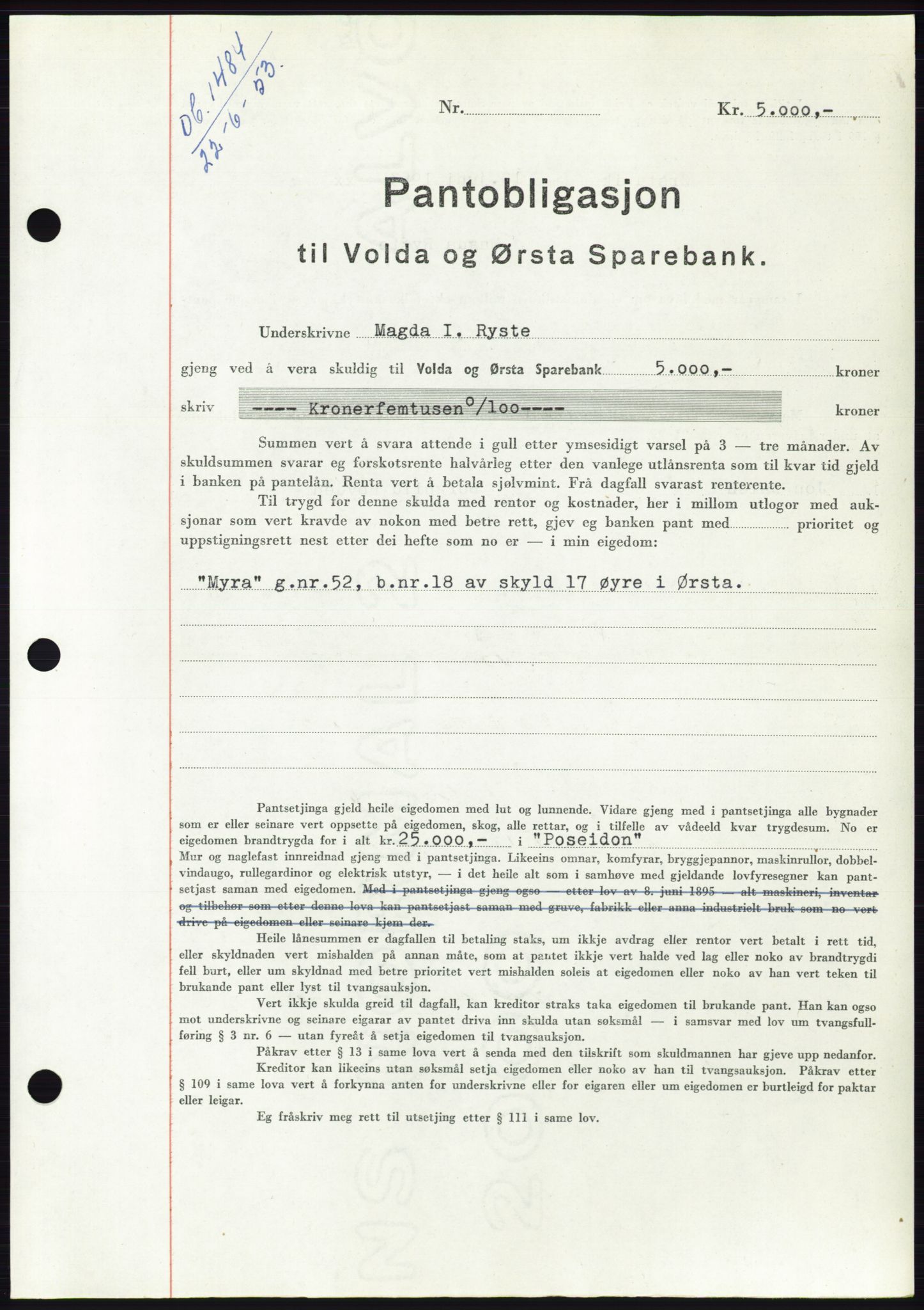 Søre Sunnmøre sorenskriveri, SAT/A-4122/1/2/2C/L0123: Mortgage book no. 11B, 1953-1953, Diary no: : 1484/1953