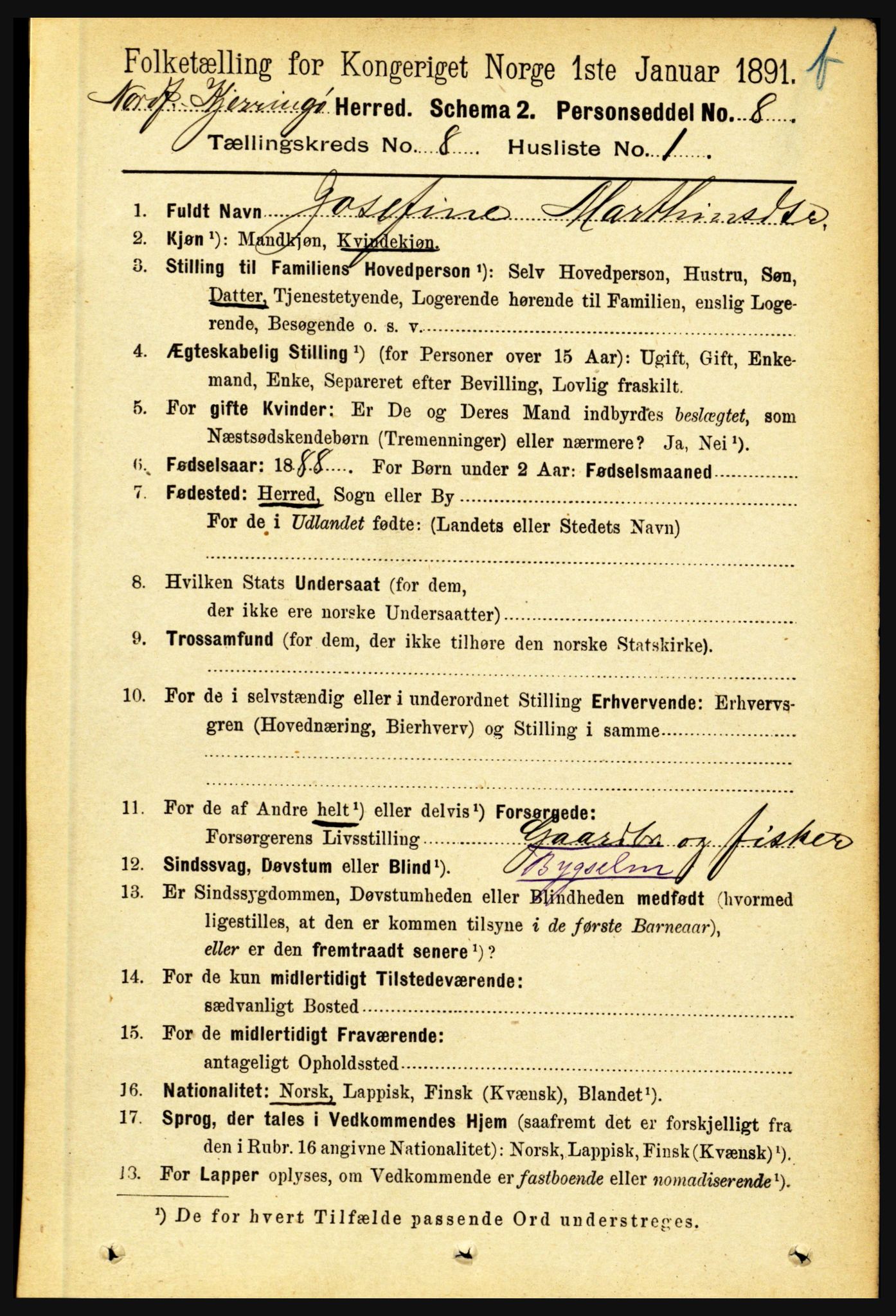 RA, 1891 census for 1846 Nordfold-Kjerringøy, 1891, p. 1990