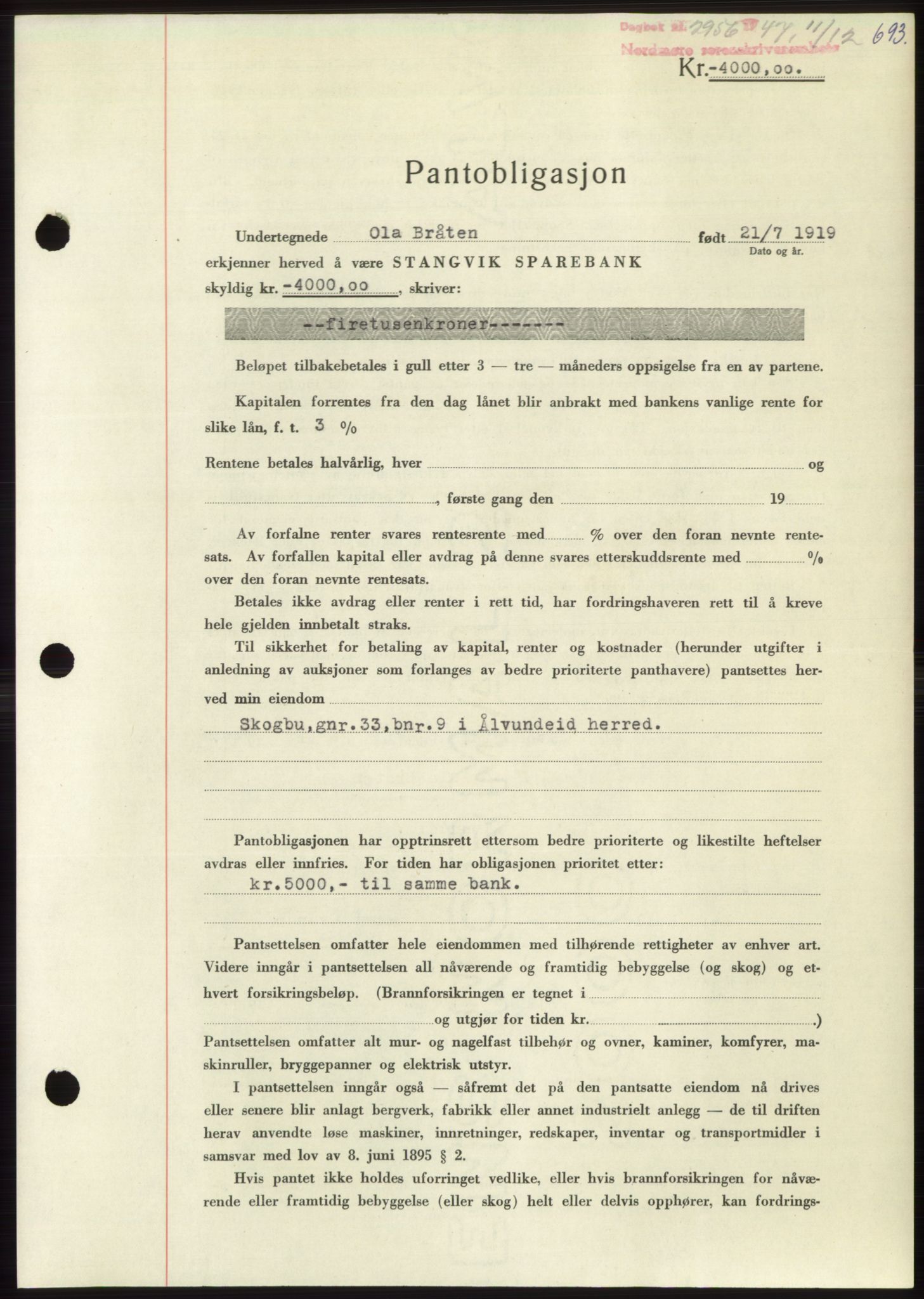 Nordmøre sorenskriveri, AV/SAT-A-4132/1/2/2Ca: Mortgage book no. B97, 1947-1948, Diary no: : 2956/1947