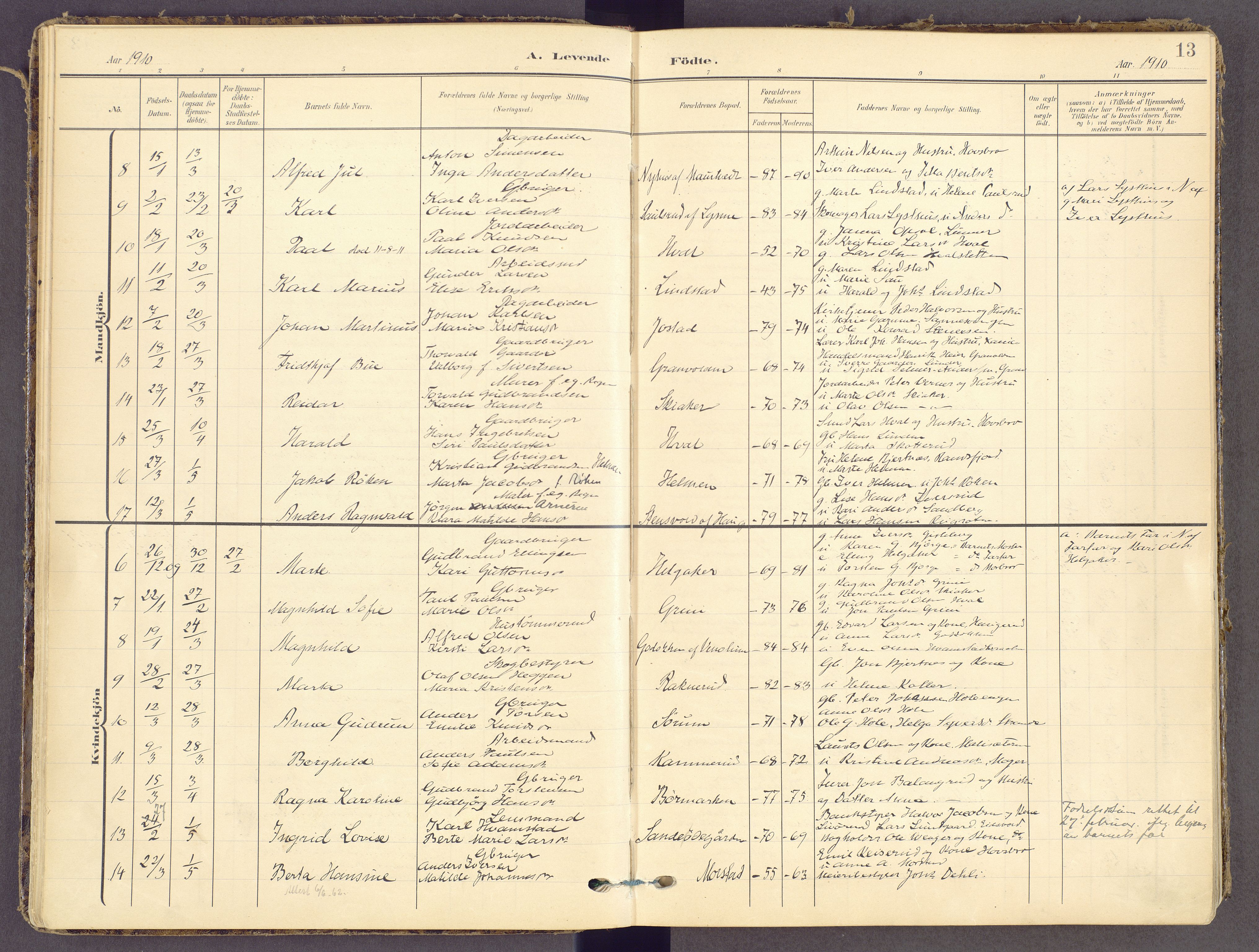Gran prestekontor, SAH/PREST-112/H/Ha/Haa/L0021: Parish register (official) no. 21, 1908-1932, p. 13