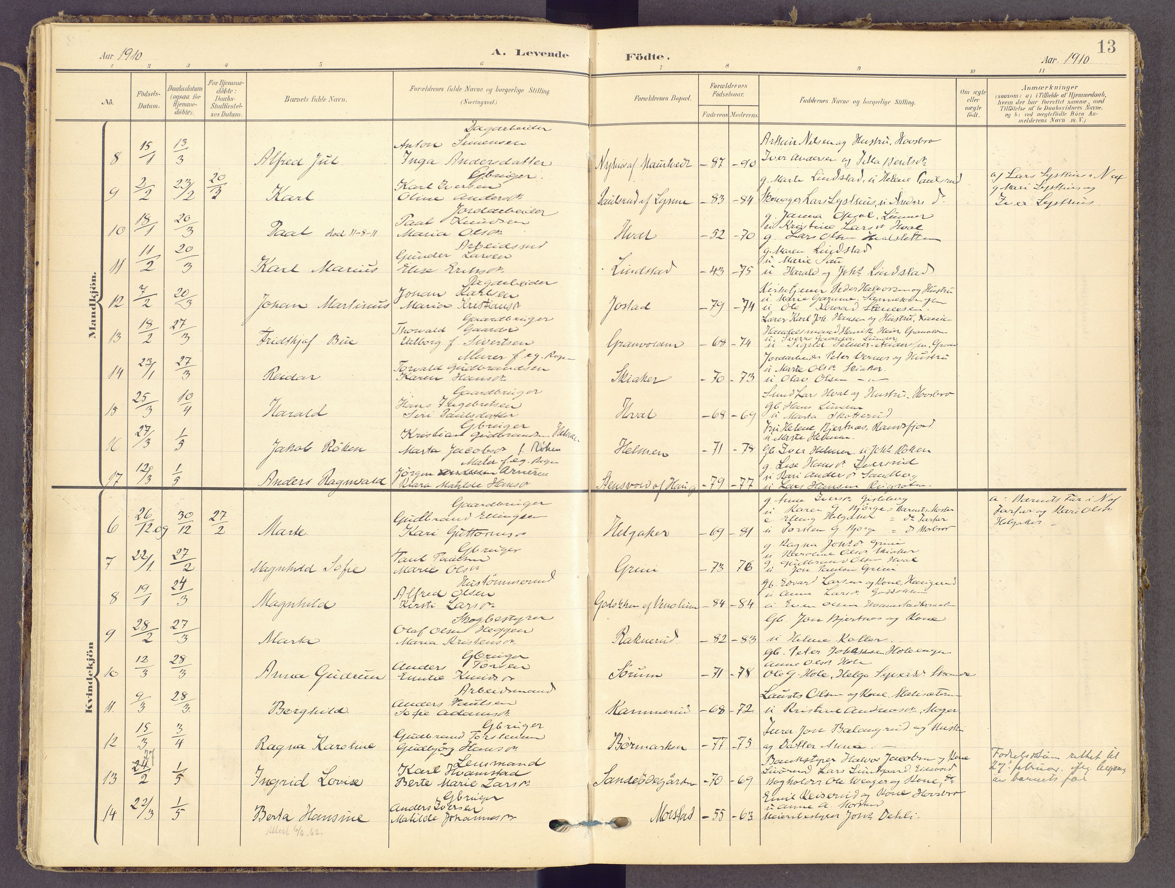 Gran prestekontor, AV/SAH-PREST-112/H/Ha/Haa/L0021: Parish register (official) no. 21, 1908-1932, p. 13