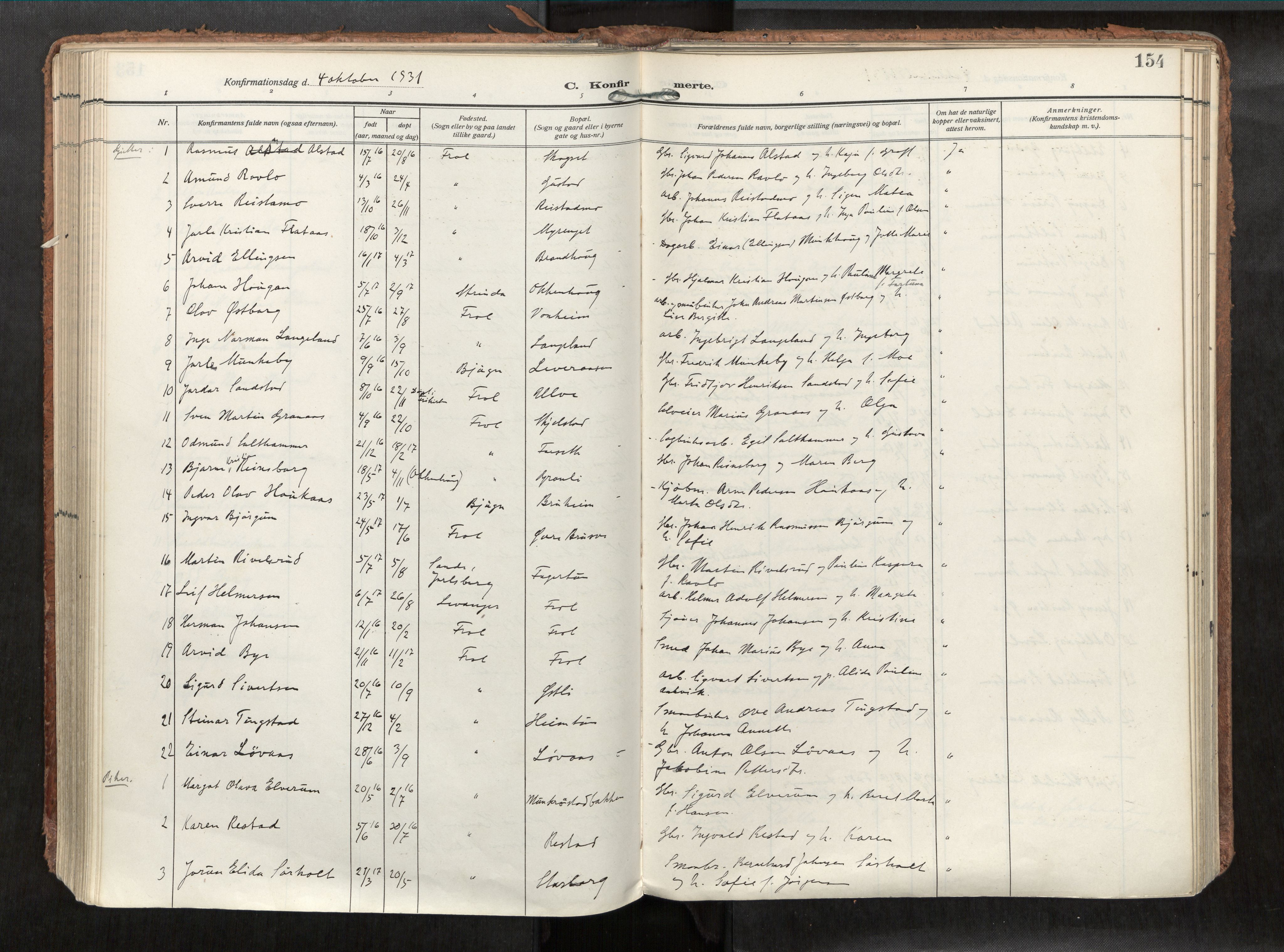 Levanger sokneprestkontor, SAT/A-1301/2/H/Haa/L0002: Parish register (official) no. 2, 1912-1935, p. 154