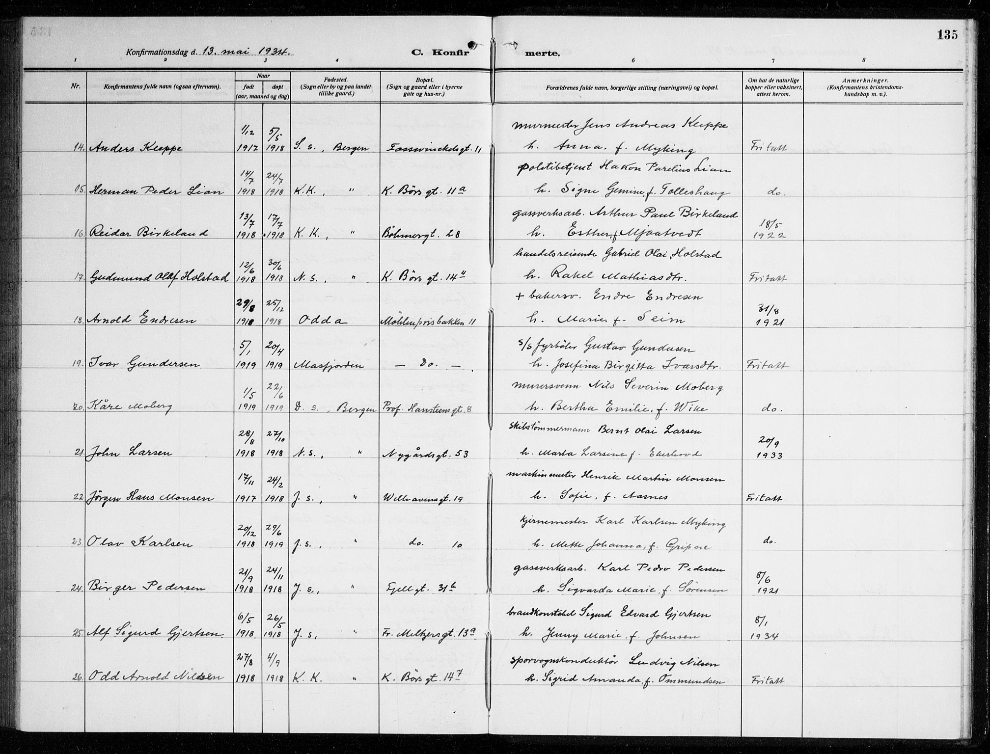 Johanneskirken sokneprestembete, AV/SAB-A-76001/H/Haa/L0010: Parish register (official) no. C 3, 1925-1935, p. 135