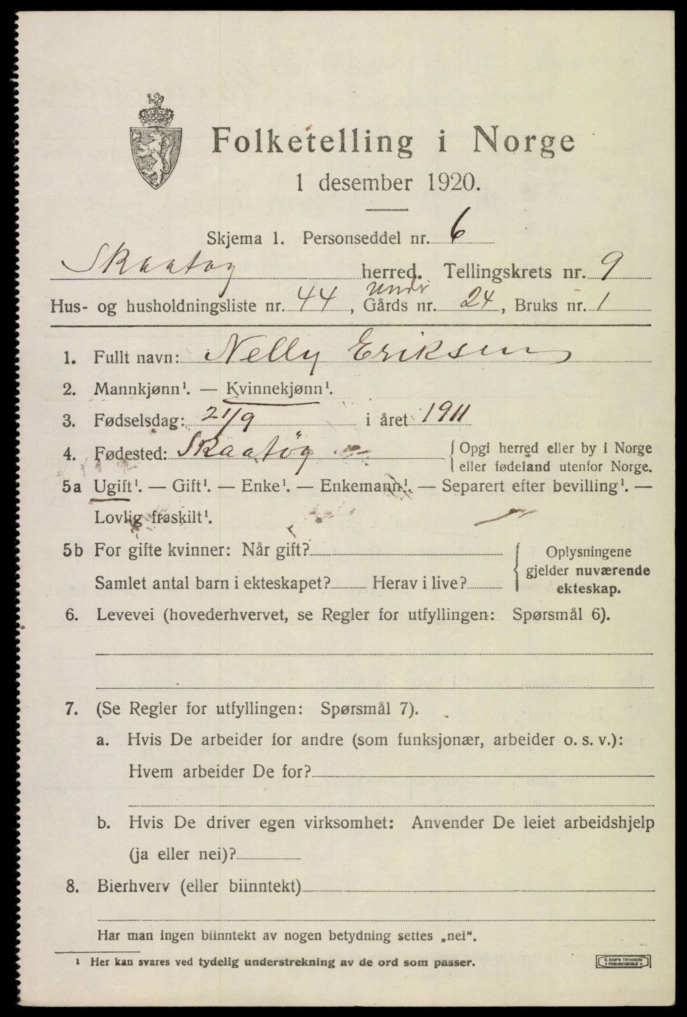 SAKO, 1920 census for Skåtøy, 1920, p. 7082