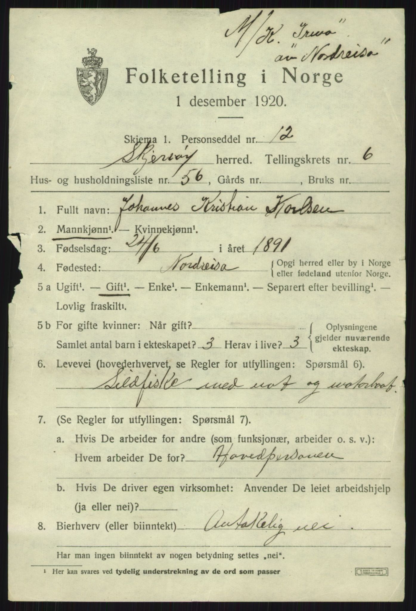 SATØ, 1920 census for Skjervøy, 1920, p. 4279