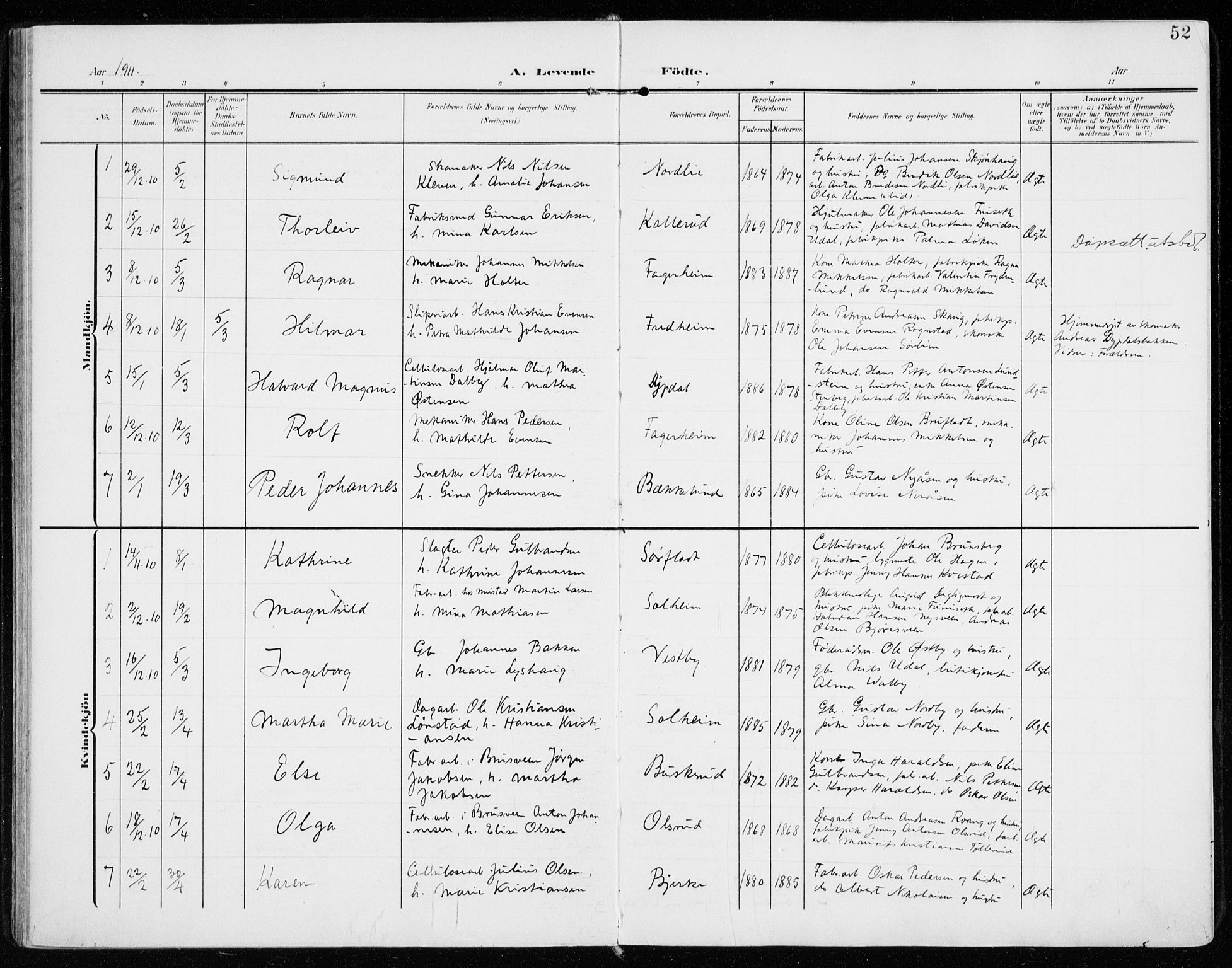 Vardal prestekontor, SAH/PREST-100/H/Ha/Haa/L0016: Parish register (official) no. 16, 1904-1916, p. 52