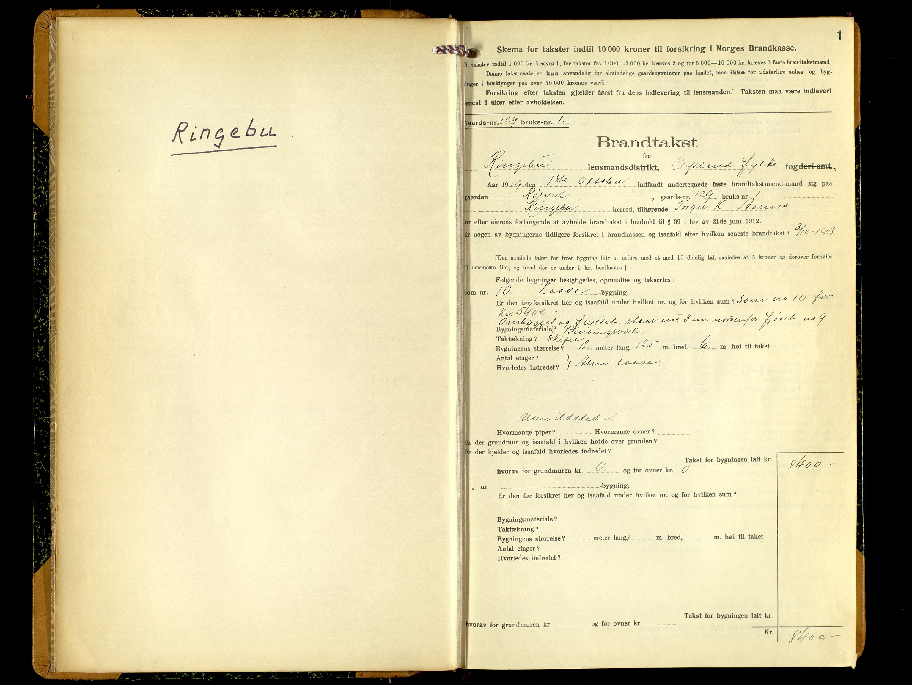 Norges Brannkasse, Ringebu, SAH/NBRANR-037/F/L0006: Branntakstprotokoll, 1919-1955, p. 1