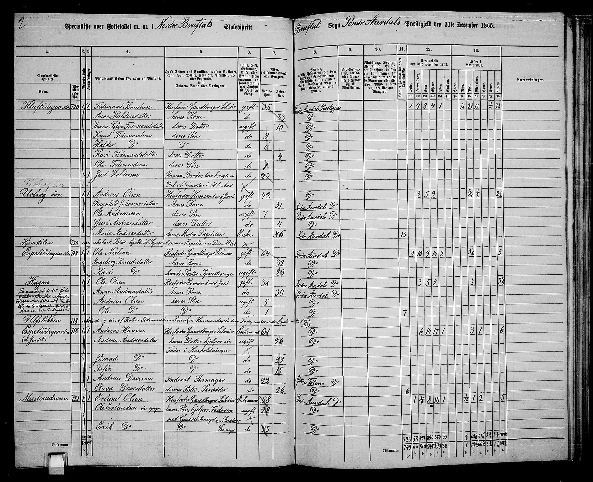 RA, 1865 census for Sør-Aurdal, 1865, p. 212