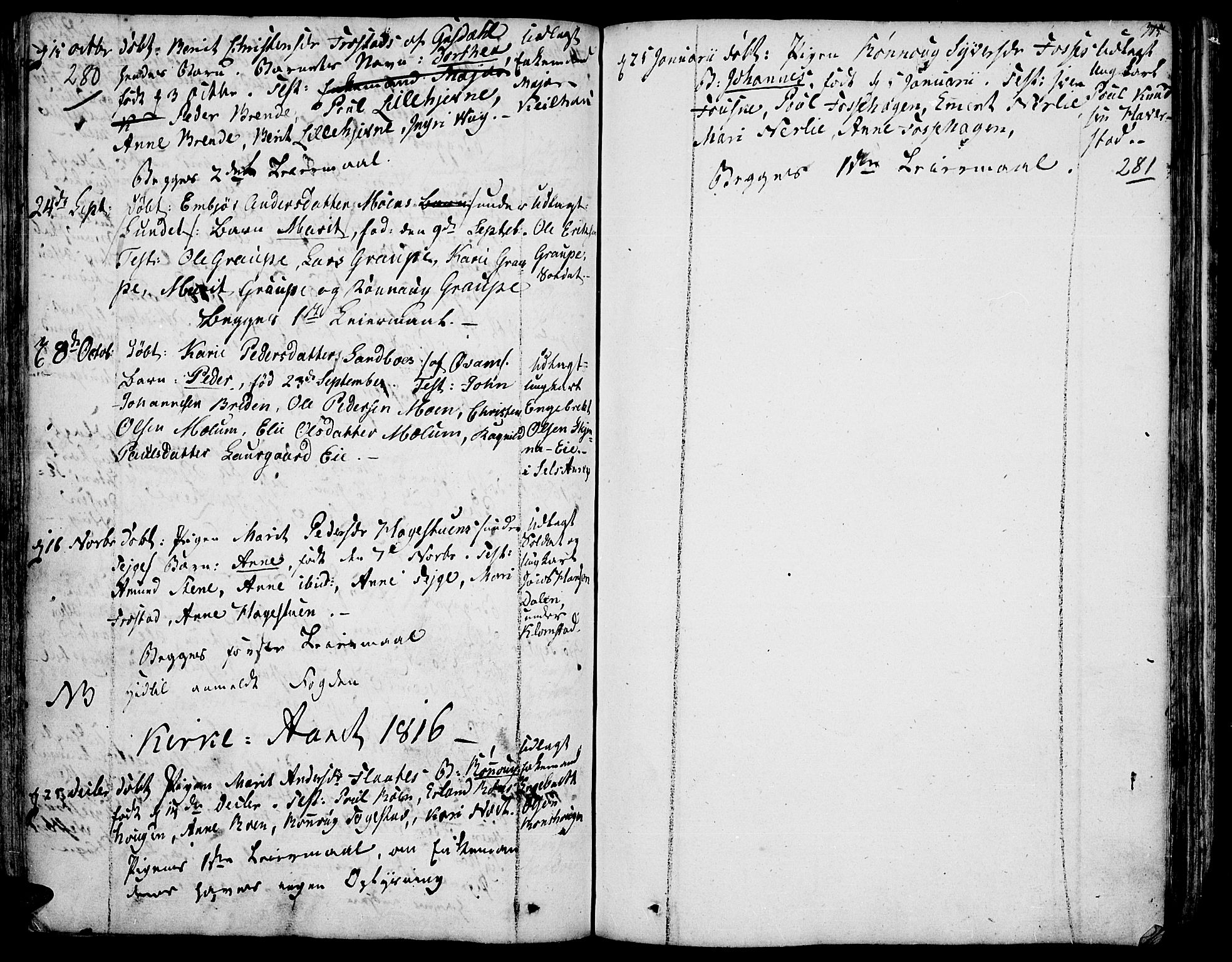 Fron prestekontor, AV/SAH-PREST-078/H/Ha/Haa/L0001: Parish register (official) no. 1, 1799-1816, p. 280-281