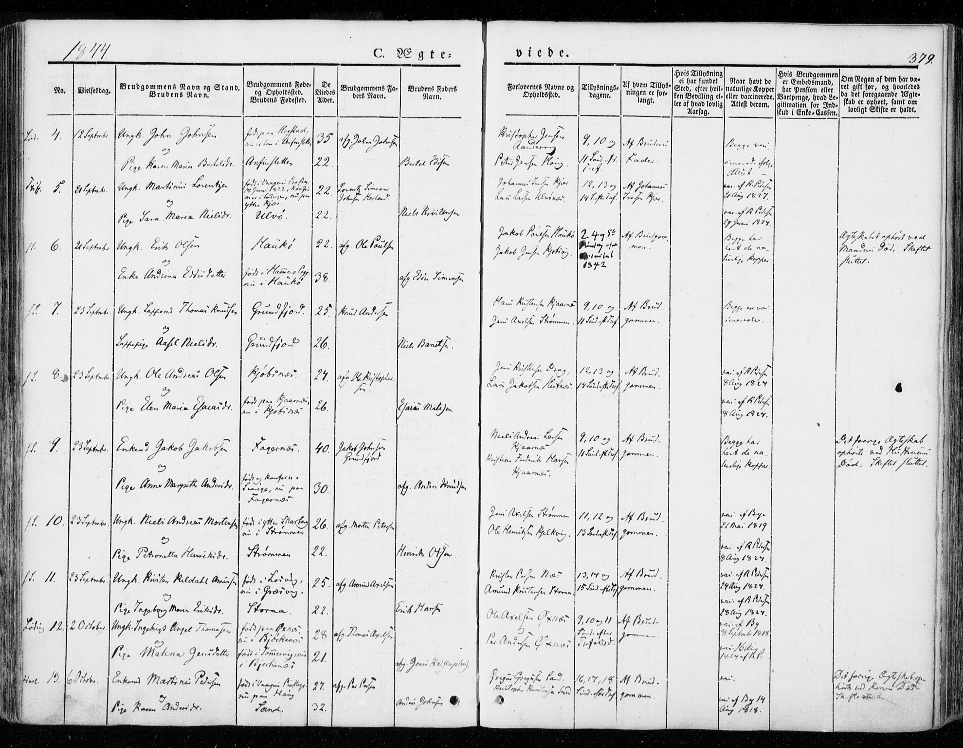 Ministerialprotokoller, klokkerbøker og fødselsregistre - Nordland, SAT/A-1459/872/L1033: Parish register (official) no. 872A08, 1840-1863, p. 379