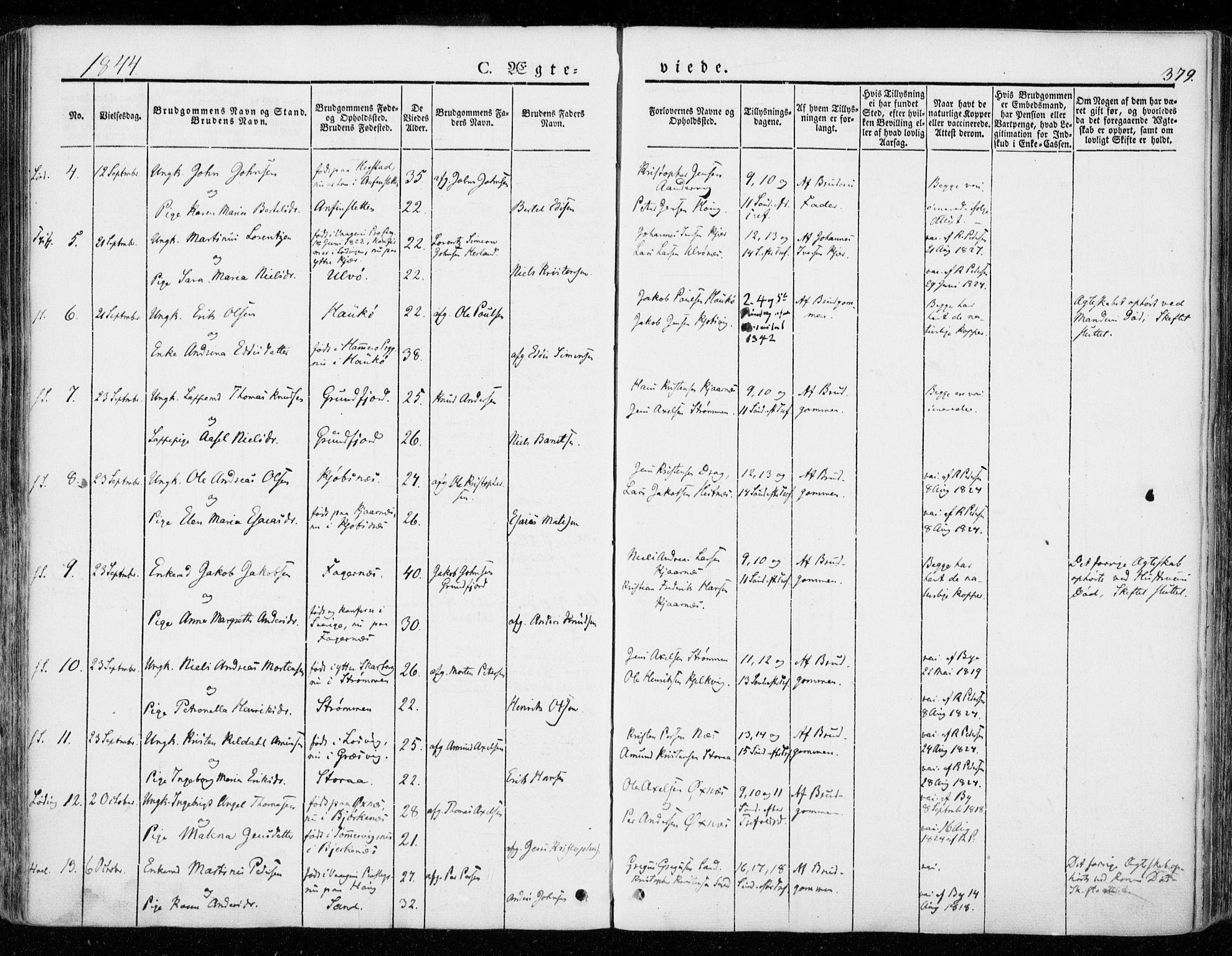Ministerialprotokoller, klokkerbøker og fødselsregistre - Nordland, AV/SAT-A-1459/872/L1033: Parish register (official) no. 872A08, 1840-1863, p. 379