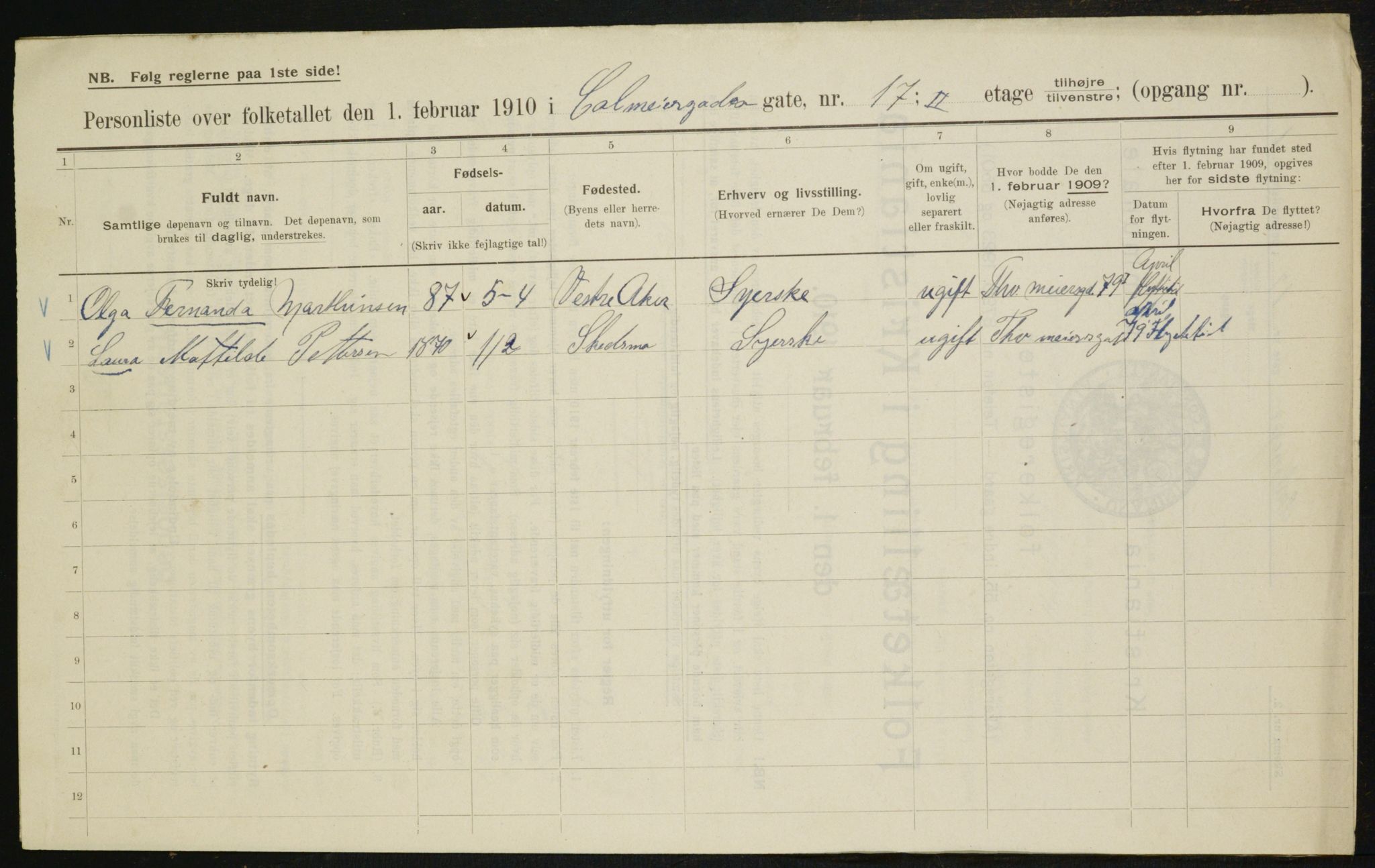 OBA, Municipal Census 1910 for Kristiania, 1910, p. 11043