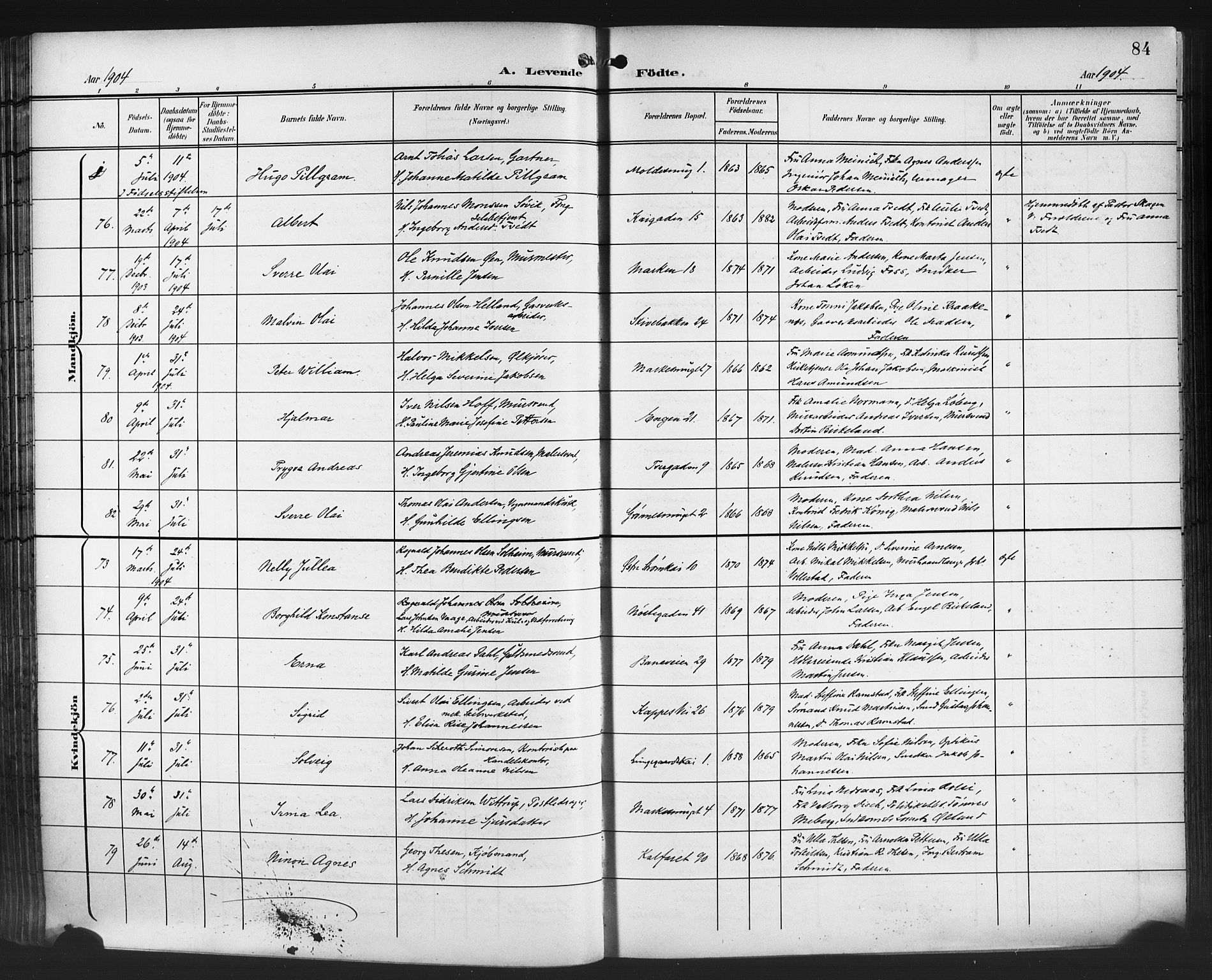 Domkirken sokneprestembete, AV/SAB-A-74801/H/Hab/L0017: Parish register (copy) no. B 10, 1900-1915, p. 84