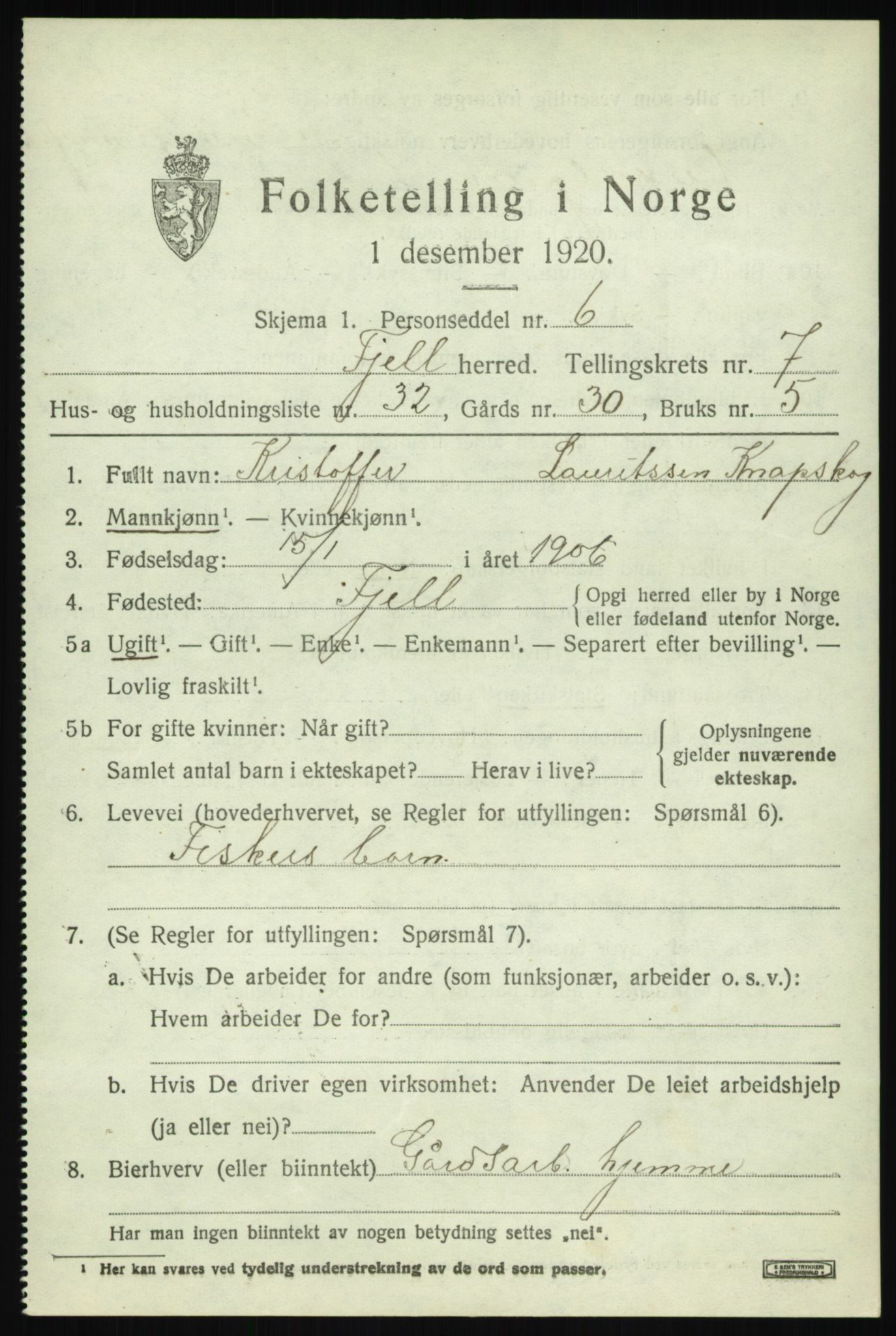 SAB, 1920 census for Fjell, 1920, p. 6822