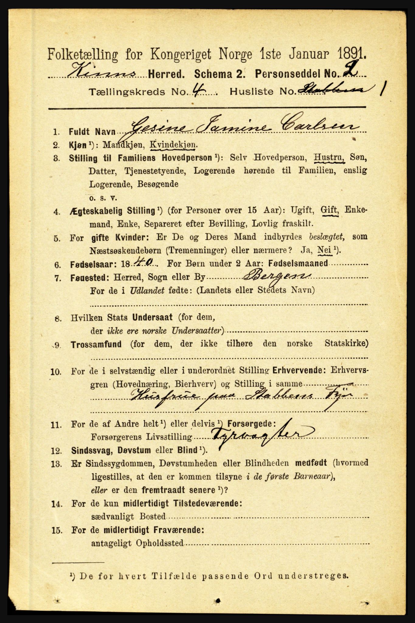 RA, 1891 census for 1437 Kinn, 1891, p. 1329