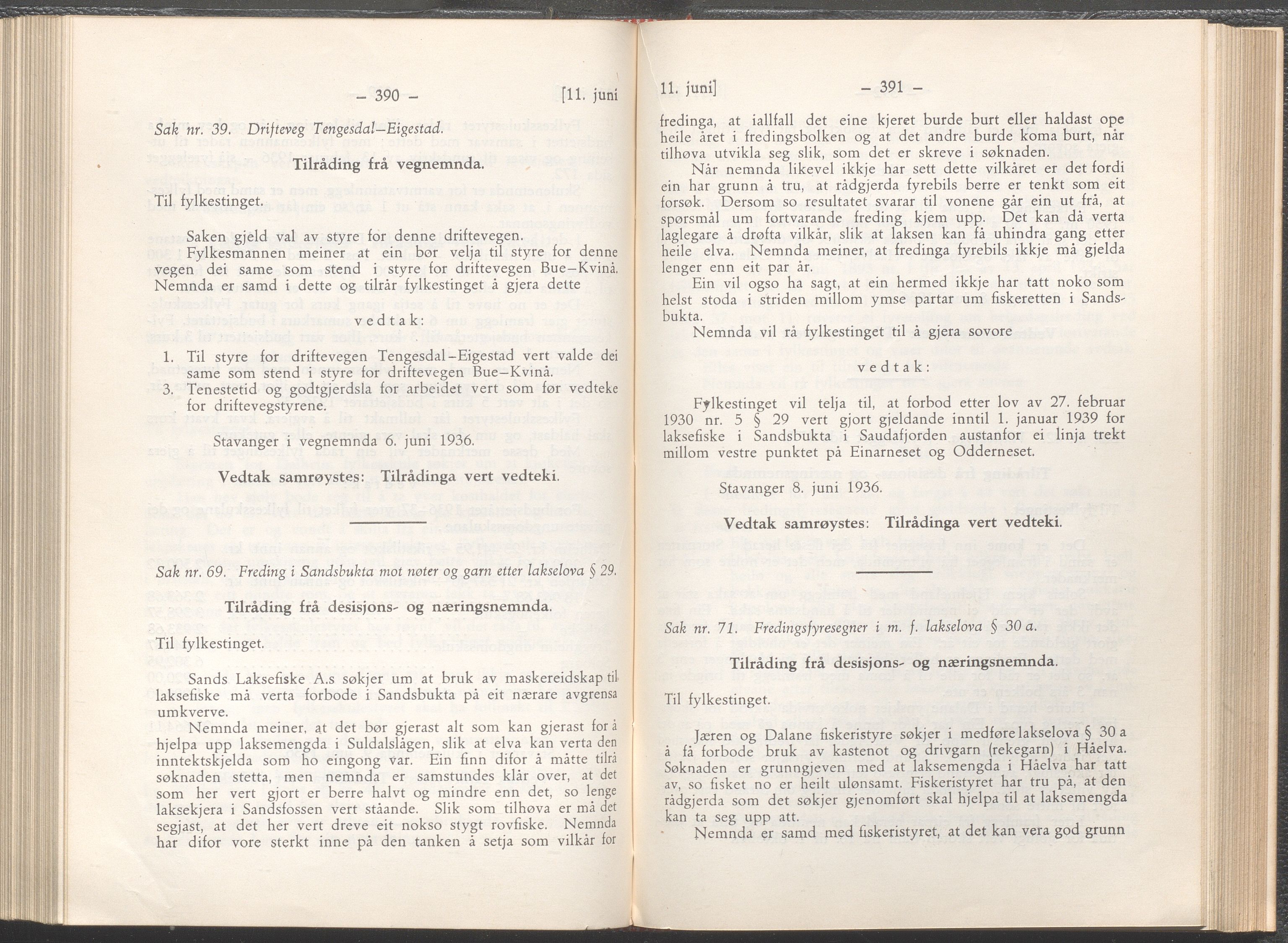 Rogaland fylkeskommune - Fylkesrådmannen , IKAR/A-900/A/Aa/Aaa/L0055: Møtebok , 1936, p. 390-391