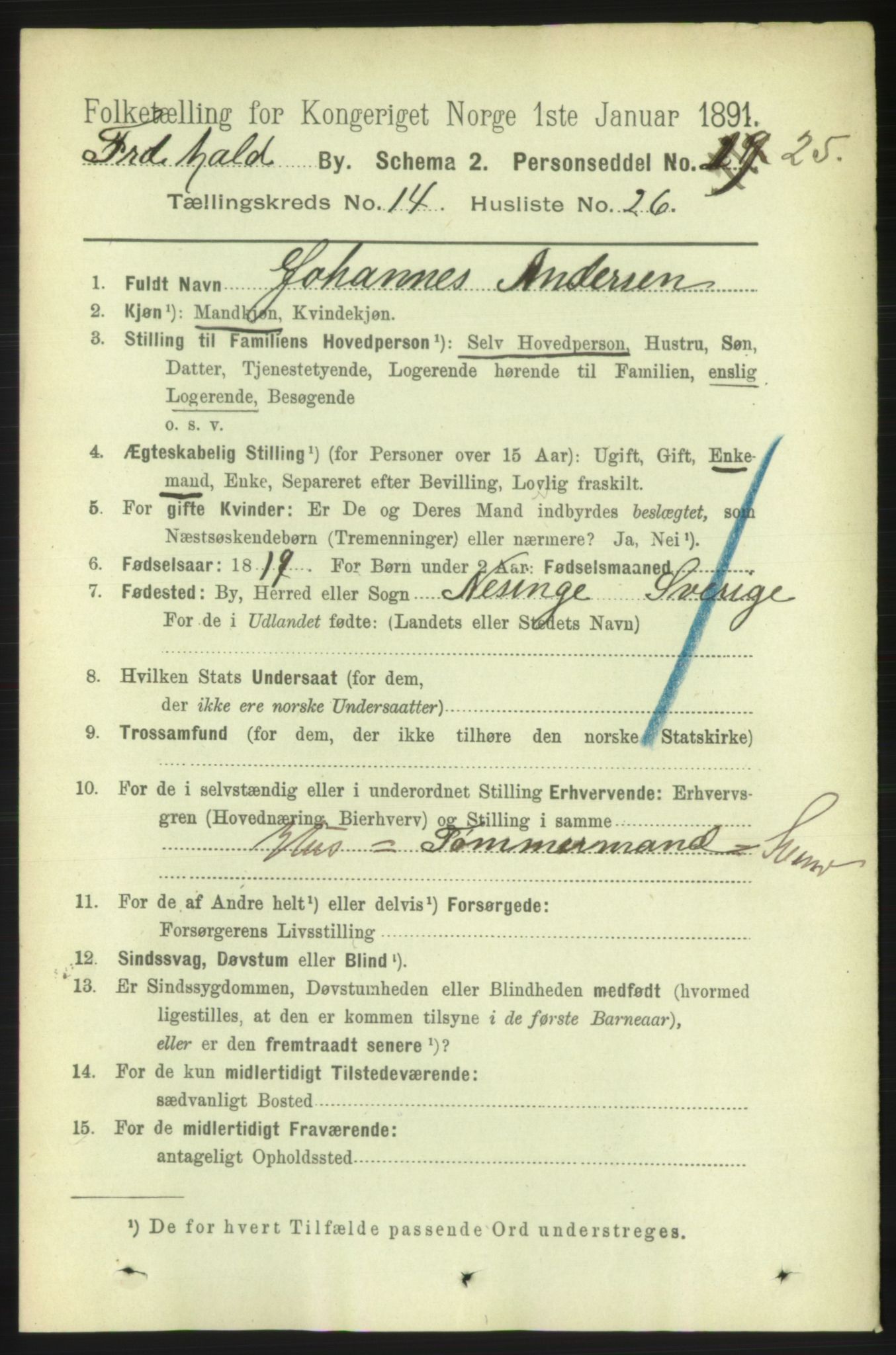 RA, 1891 census for 0101 Fredrikshald, 1891, p. 9398