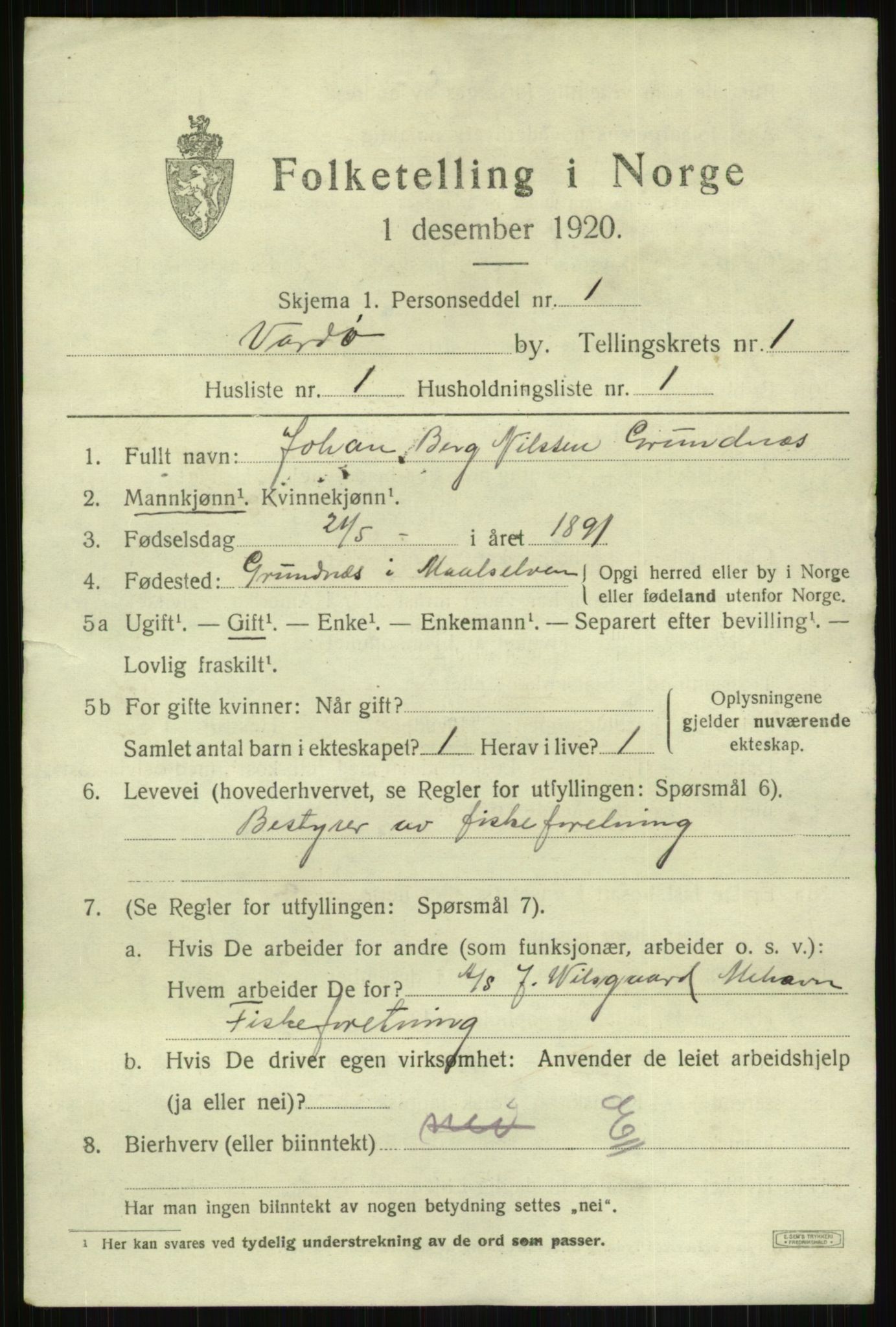 SATØ, 1920 census for Vardø, 1920, p. 2359