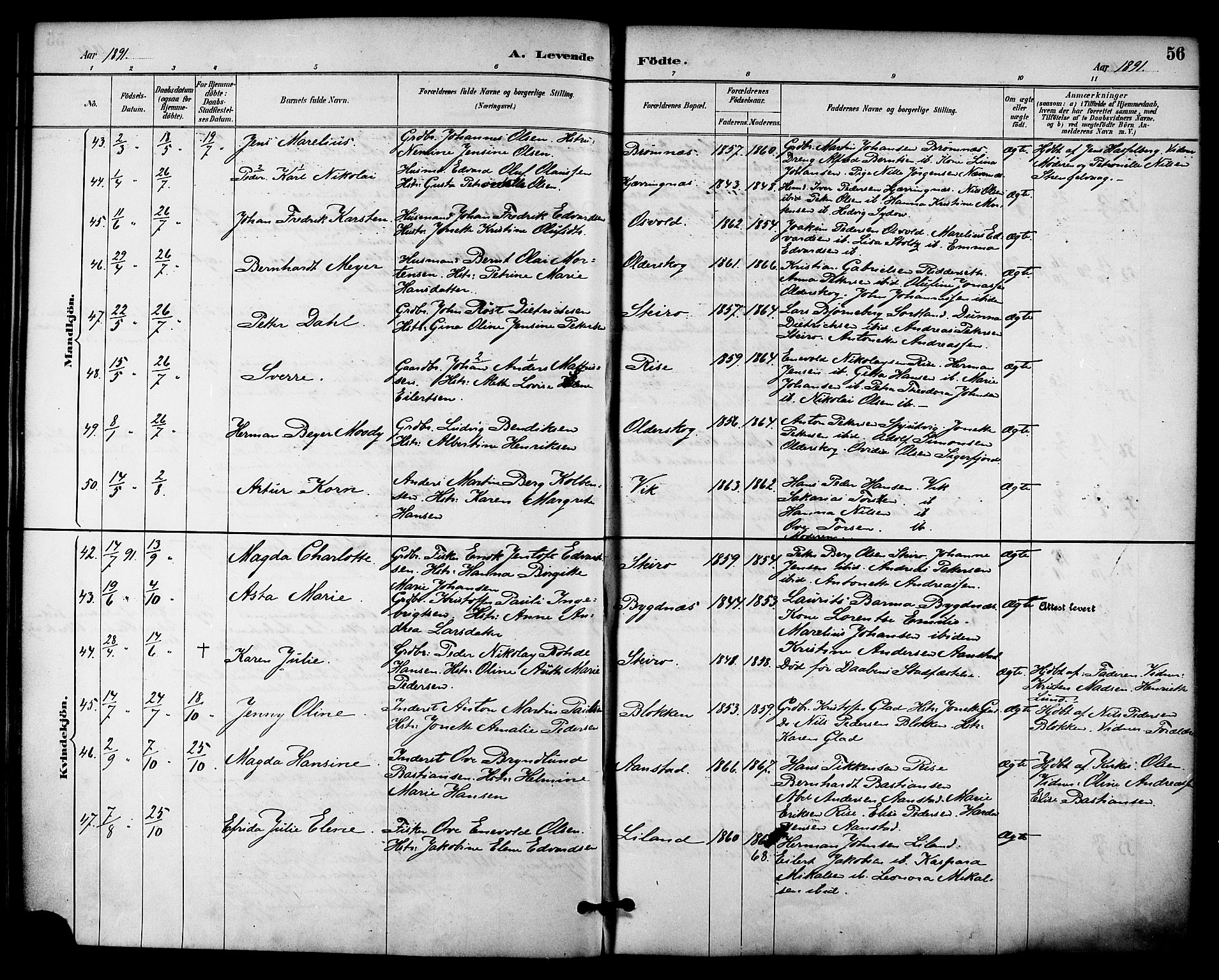 Ministerialprotokoller, klokkerbøker og fødselsregistre - Nordland, AV/SAT-A-1459/895/L1371: Parish register (official) no. 895A06, 1885-1894, p. 56