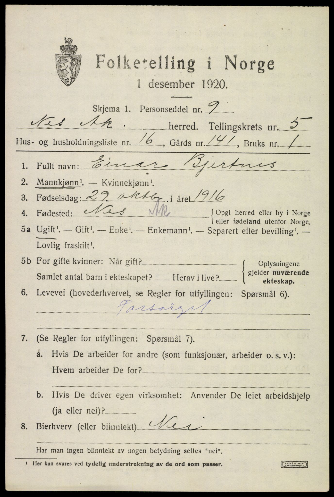 SAO, 1920 census for Nes, 1920, p. 6626