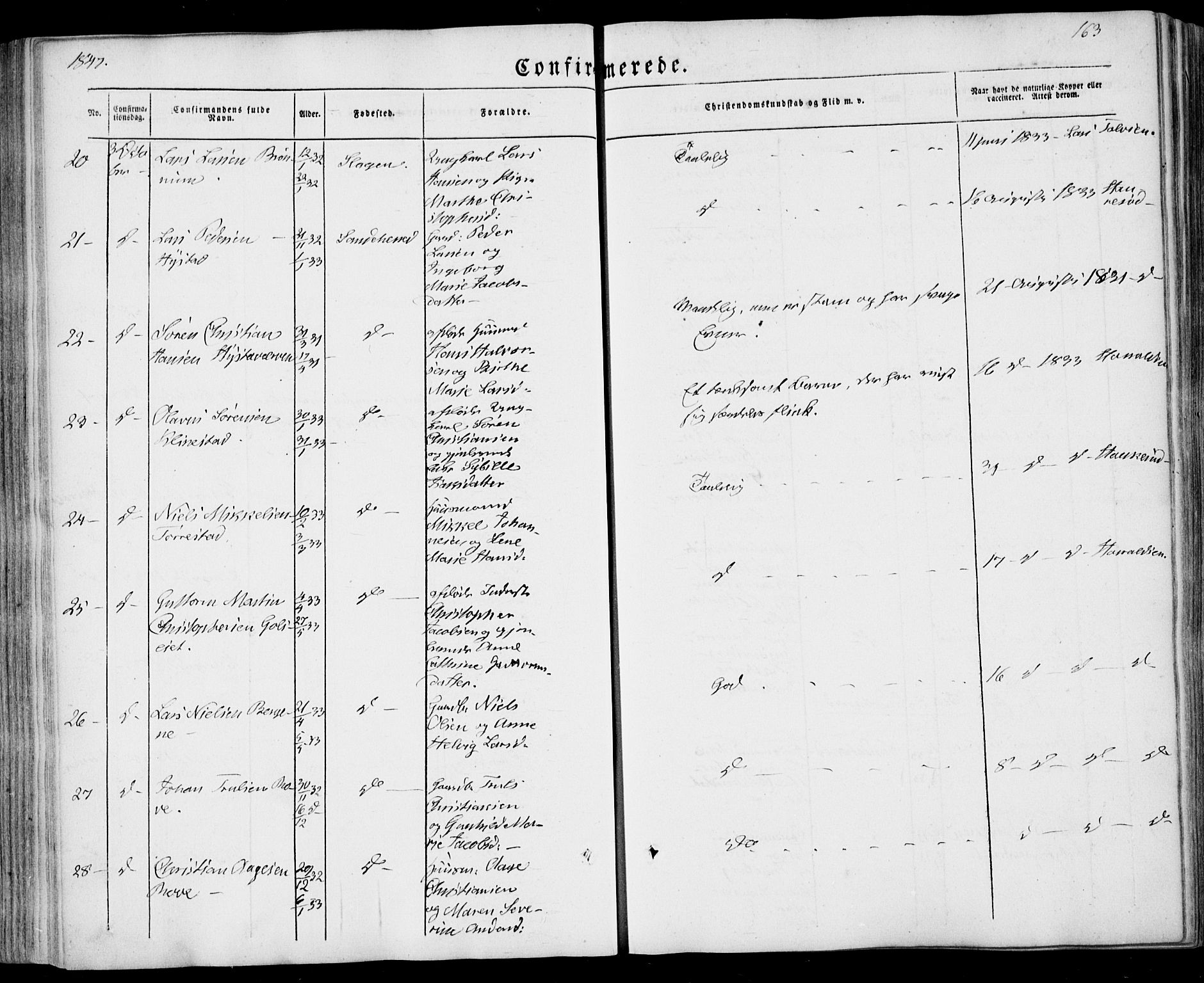 Sandar kirkebøker, SAKO/A-243/F/Fa/L0006: Parish register (official) no. 6, 1847-1860, p. 163