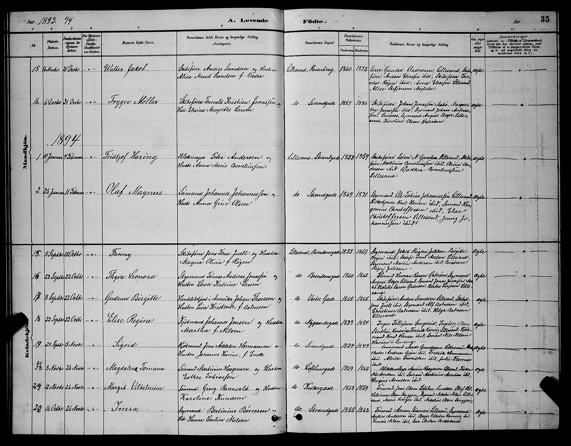 Vestre Moland sokneprestkontor, AV/SAK-1111-0046/F/Fb/Fba/L0001: Parish register (copy) no. B 1, 1884-1903, p. 35