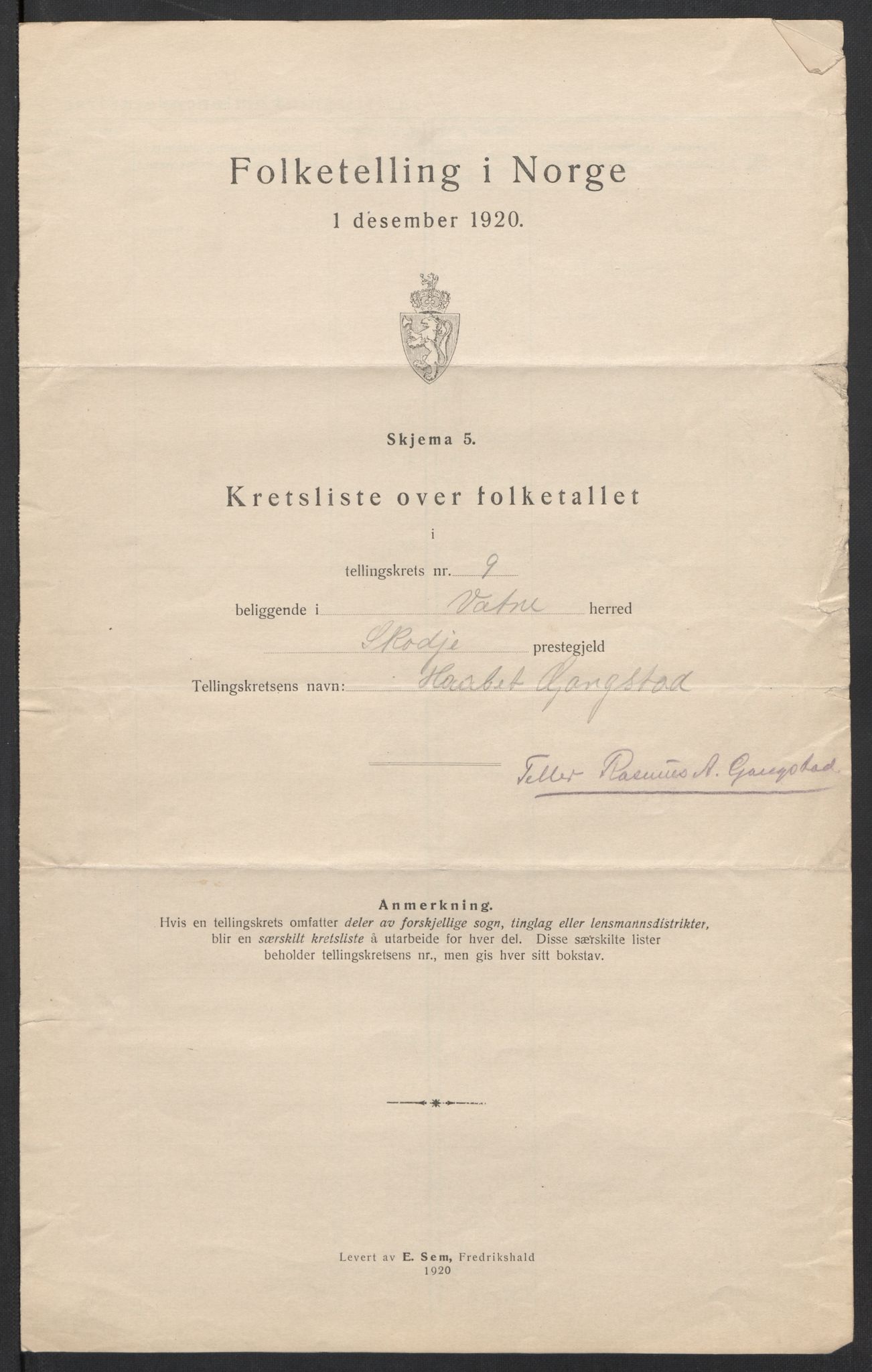 SAT, 1920 census for Vatne, 1920, p. 30