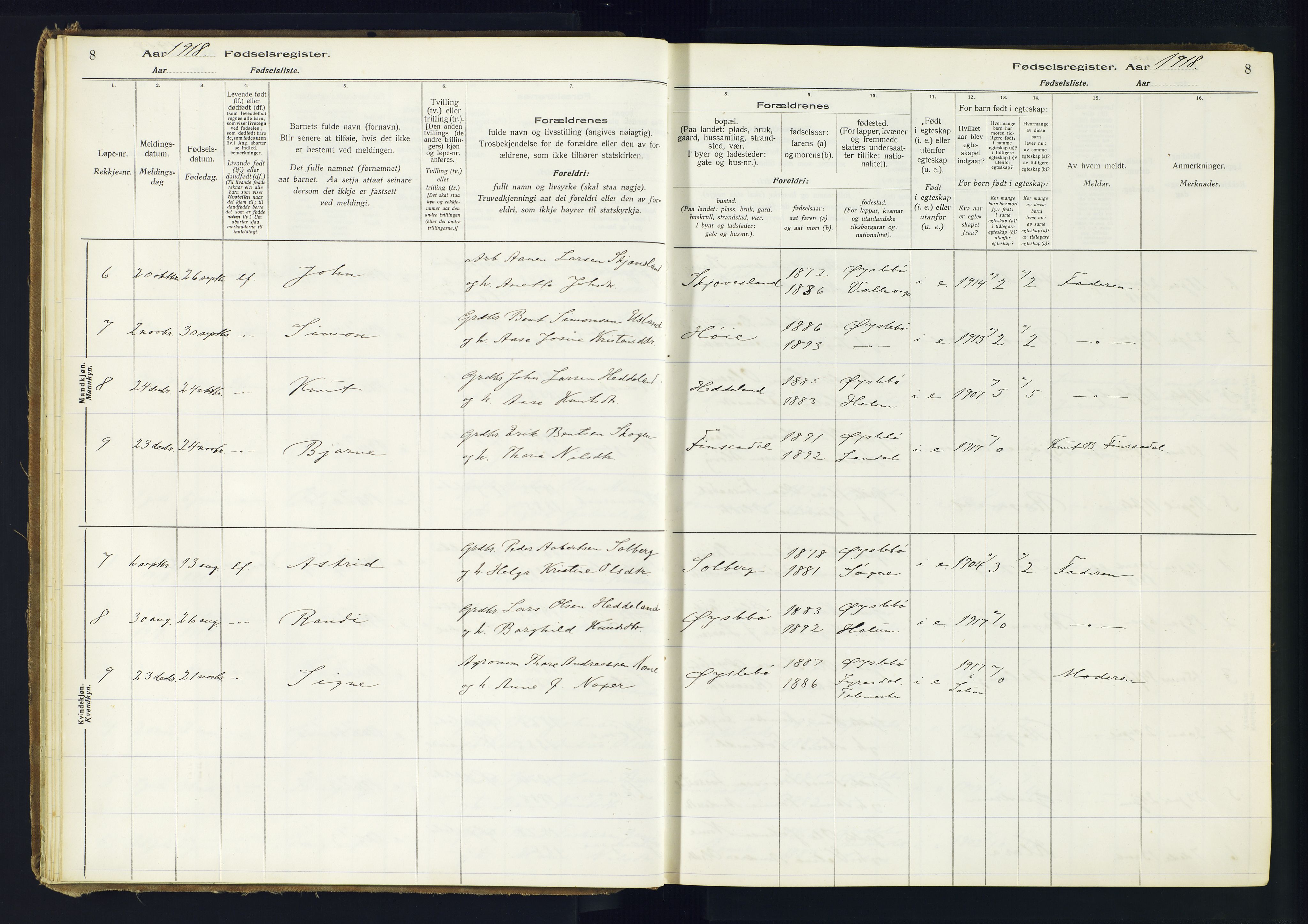 Holum sokneprestkontor, AV/SAK-1111-0022/J/Ja/L0002: Birth register no. II.6.11, 1916-1982, p. 8