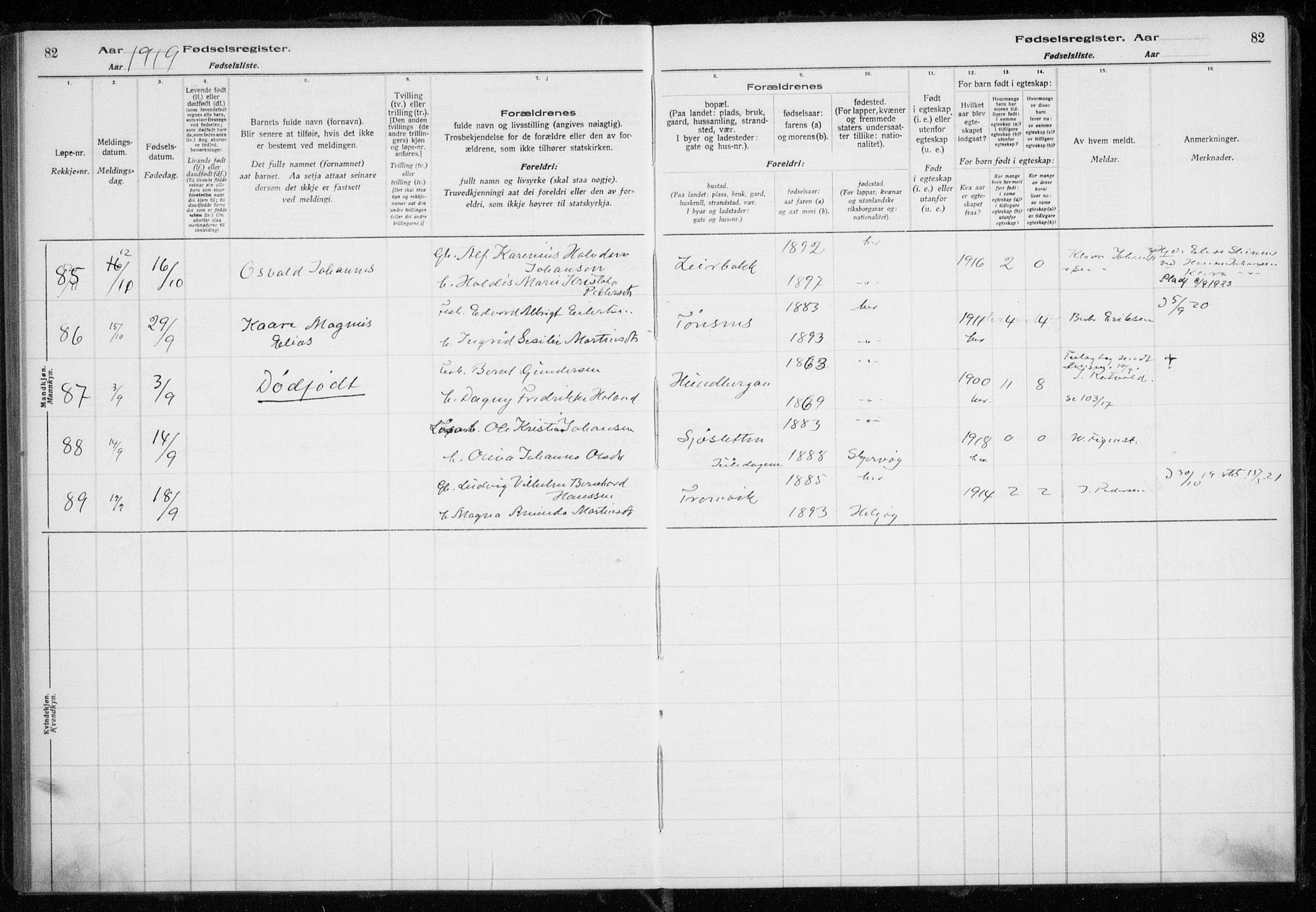 Tromsøysund sokneprestkontor, AV/SATØ-S-1304/H/Ha/L0079: Birth register no. 79, 1916-1924, p. 82