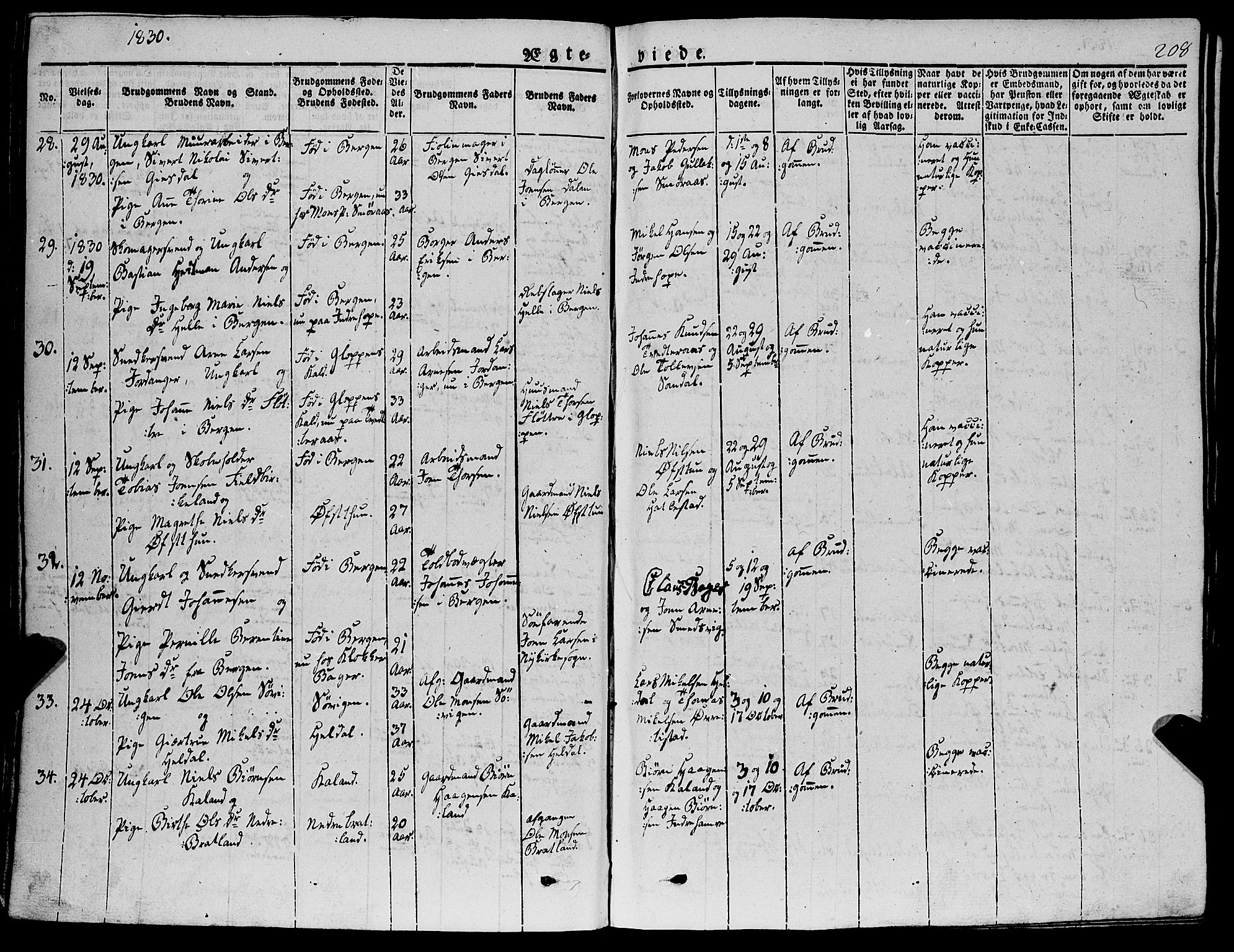 Fana Sokneprestembete, AV/SAB-A-75101/H/Haa/Haaa/L0008: Parish register (official) no. A 8, 1829-1851, p. 208