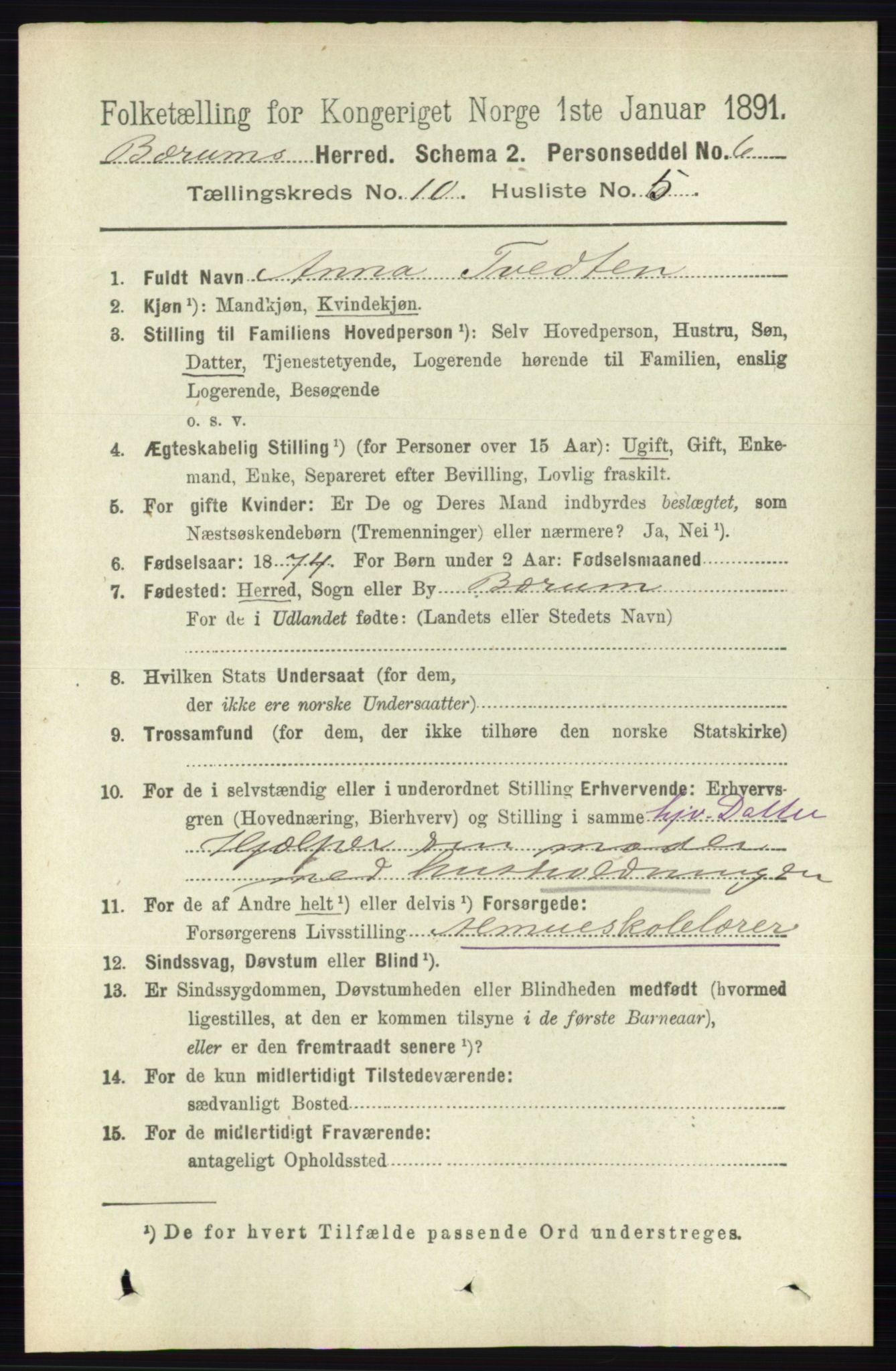 RA, 1891 census for 0219 Bærum, 1891, p. 6395