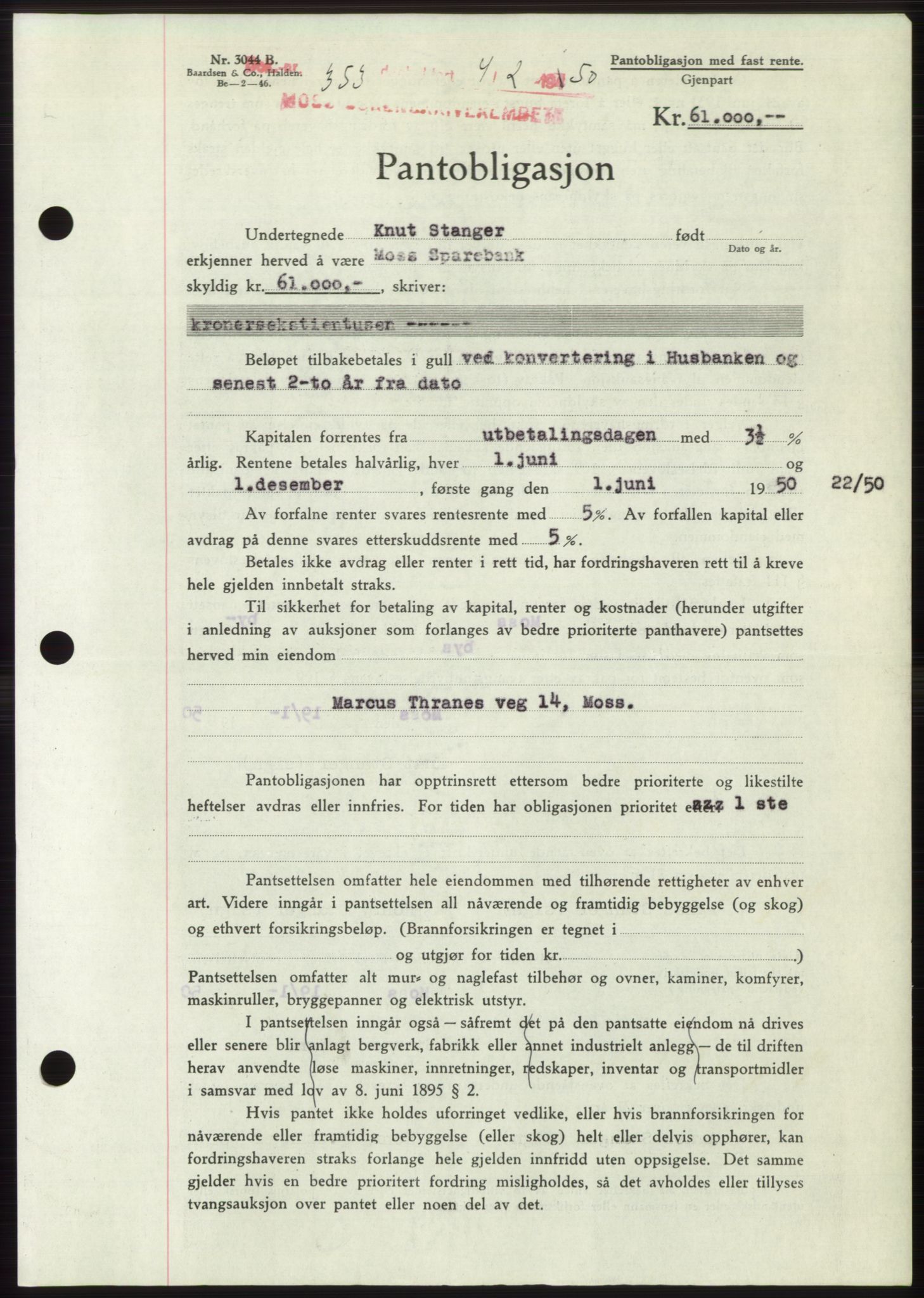 Moss sorenskriveri, SAO/A-10168: Mortgage book no. B23, 1949-1950, Diary no: : 353/1950