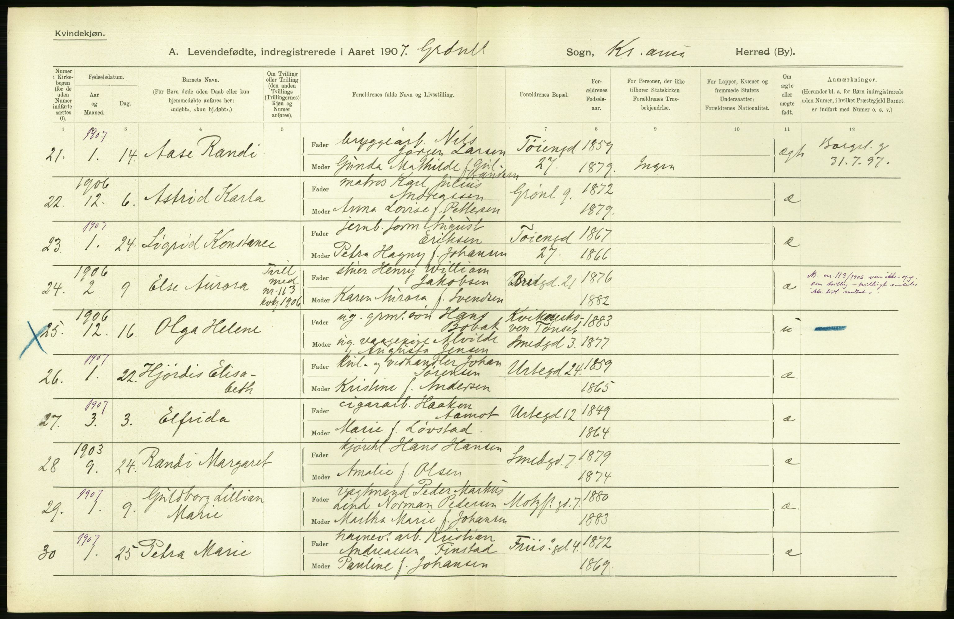 Statistisk sentralbyrå, Sosiodemografiske emner, Befolkning, AV/RA-S-2228/D/Df/Dfa/Dfae/L0007: Kristiania: Levendefødte menn og kvinner., 1907, p. 362