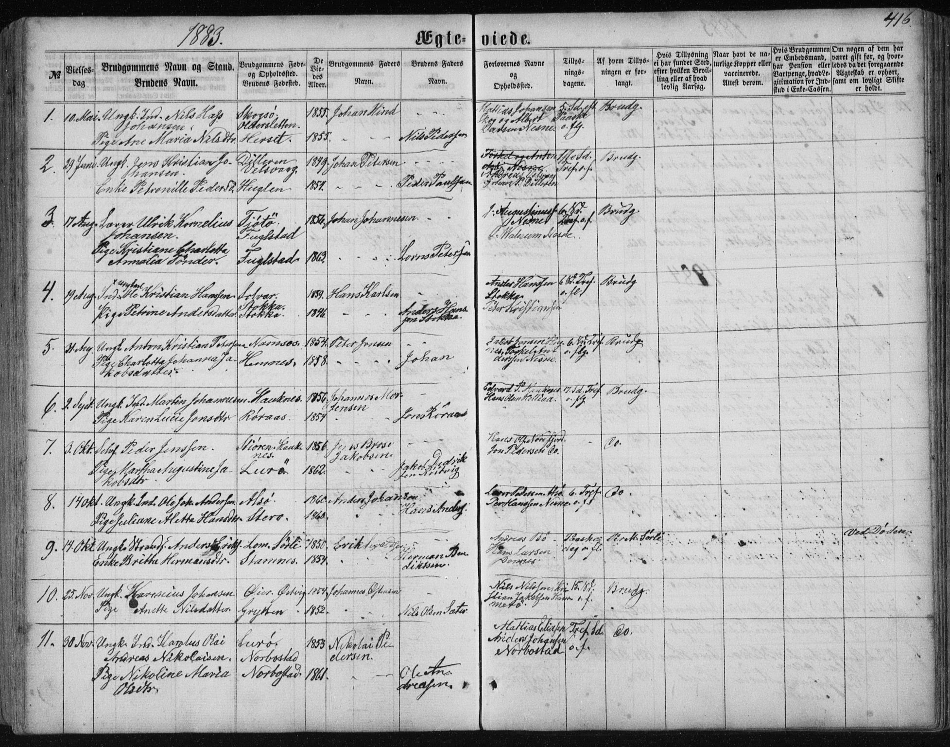 Ministerialprotokoller, klokkerbøker og fødselsregistre - Nordland, SAT/A-1459/838/L0556: Parish register (copy) no. 838C03, 1861-1893, p. 416
