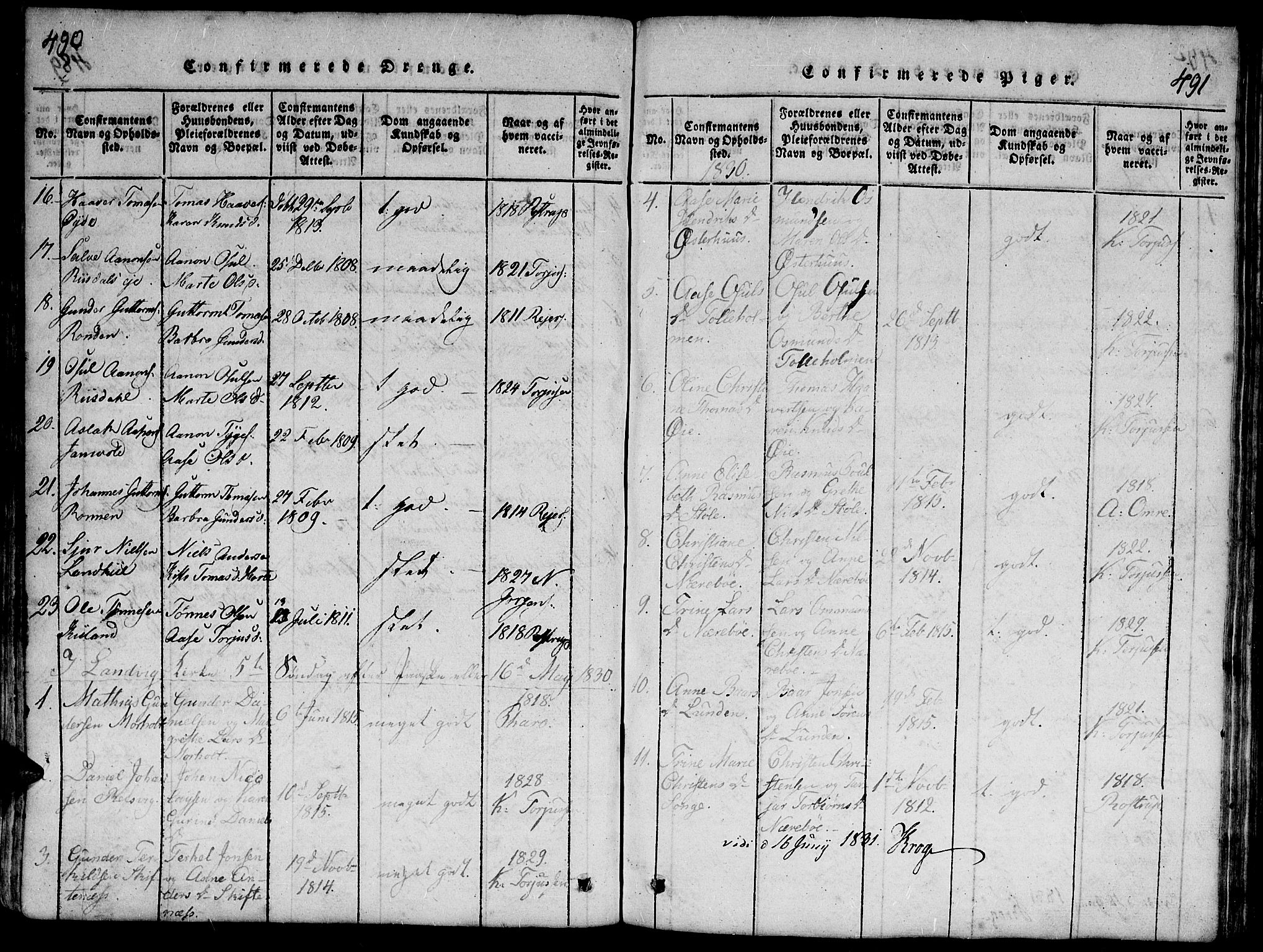 Hommedal sokneprestkontor, AV/SAK-1111-0023/F/Fb/Fbb/L0003: Parish register (copy) no. B 3 /1, 1816-1850, p. 490-491