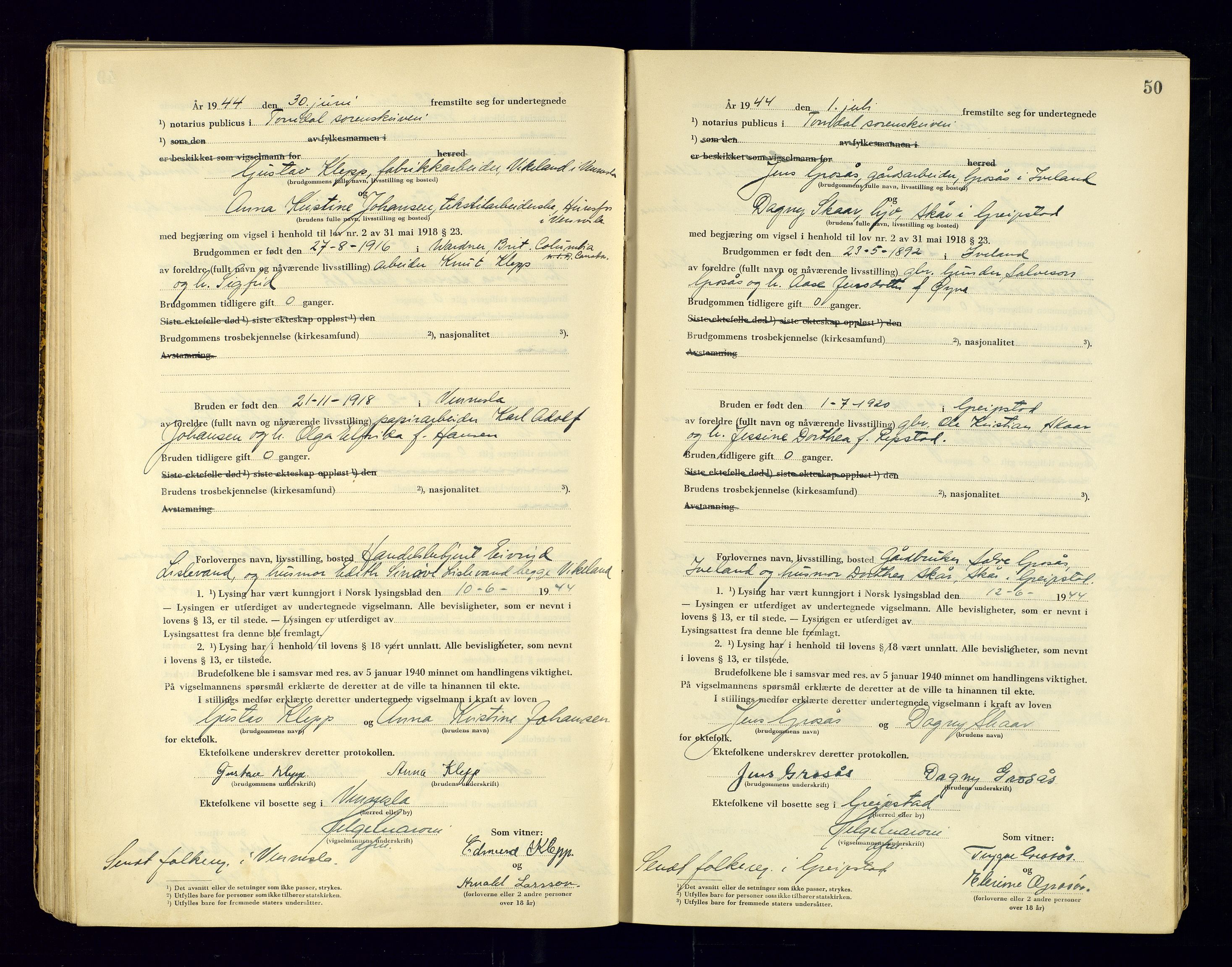 Torridal sorenskriveri, AV/SAK-1221-0012/L/Ld/L0004: Vigselbok nr. 2, 1943-1946, p. 50