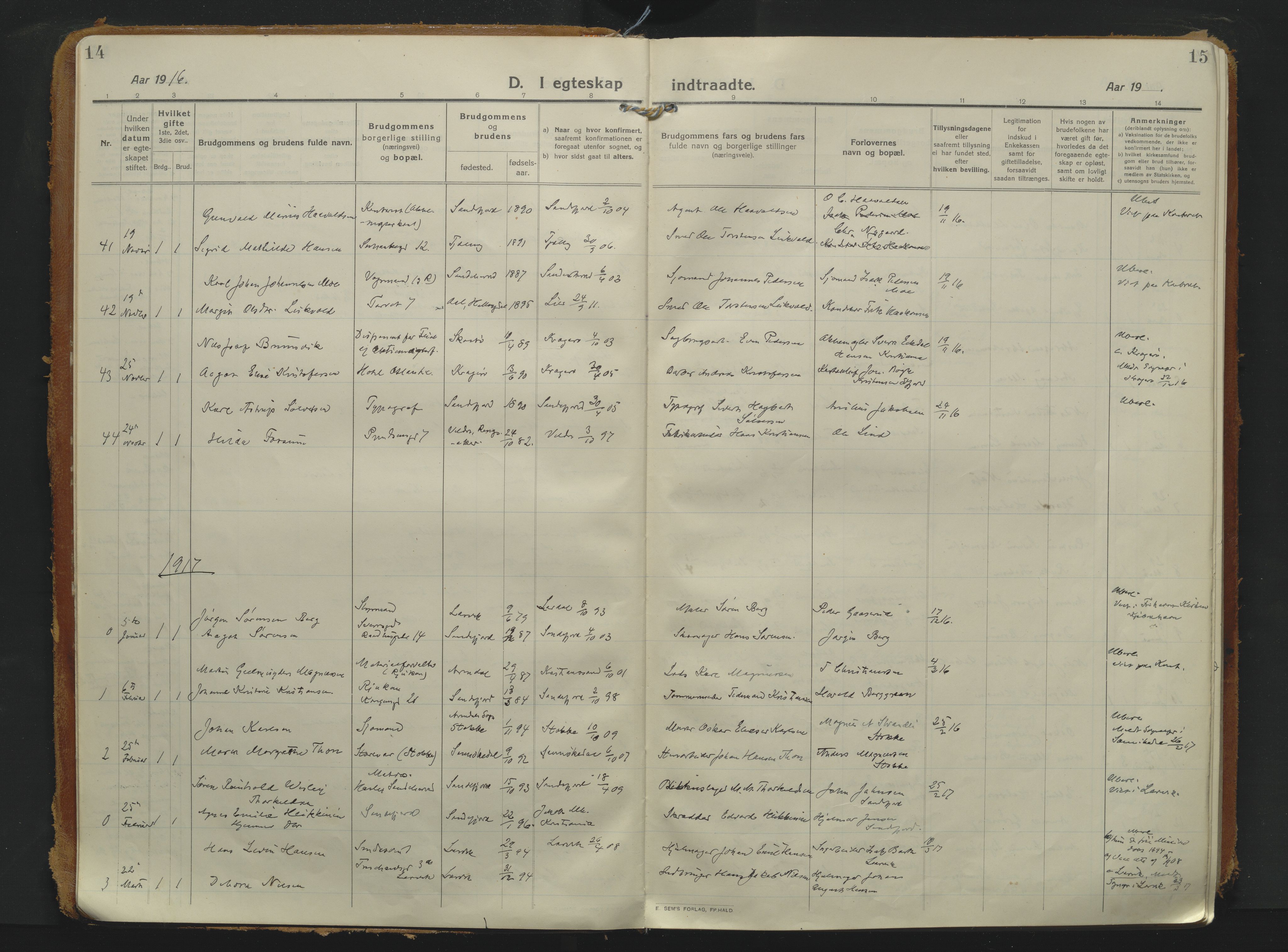Sandefjord kirkebøker, AV/SAKO-A-315/F/Fa/L0008: Parish register (official) no. 8, 1916-1926, p. 14-15