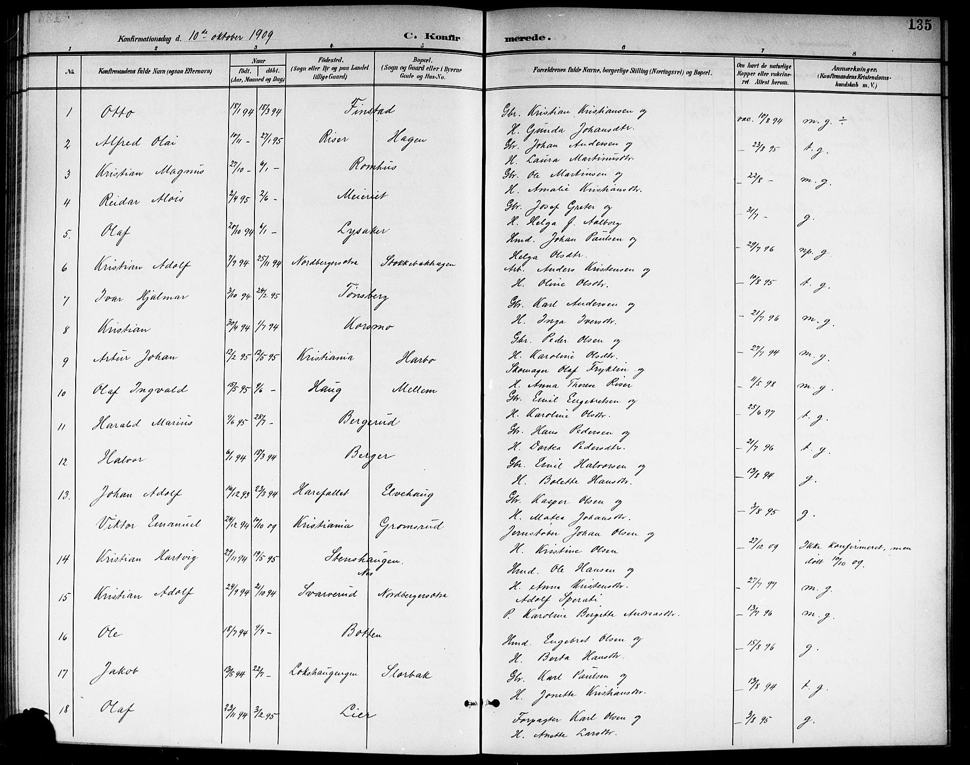 Aurskog prestekontor Kirkebøker, SAO/A-10304a/G/Ga/L0004: Parish register (copy) no. I 4, 1901-1921, p. 135