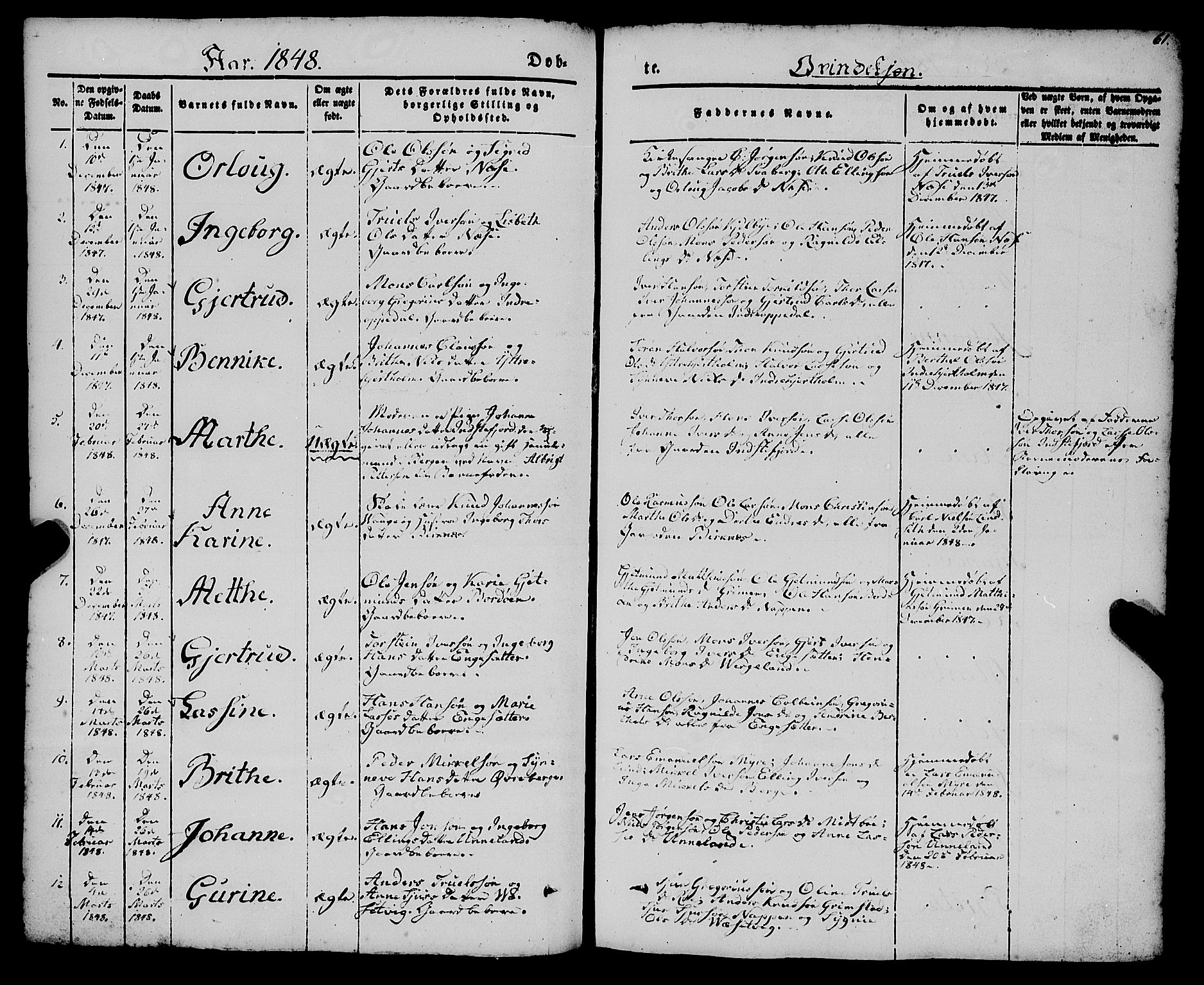 Gulen sokneprestembete, AV/SAB-A-80201/H/Haa/Haaa/L0021: Parish register (official) no. A 21, 1848-1858, p. 61