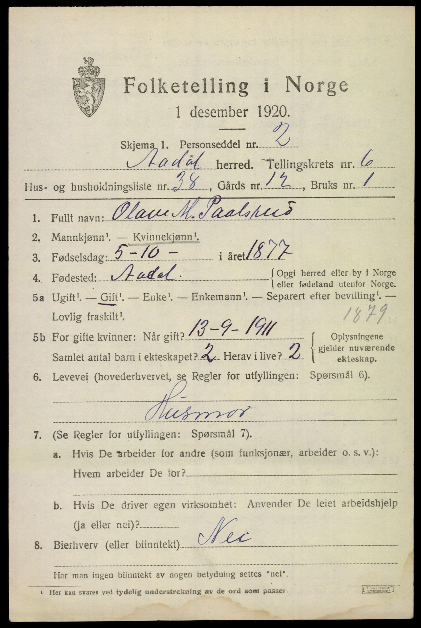 SAKO, 1920 census for Ådal, 1920, p. 4980