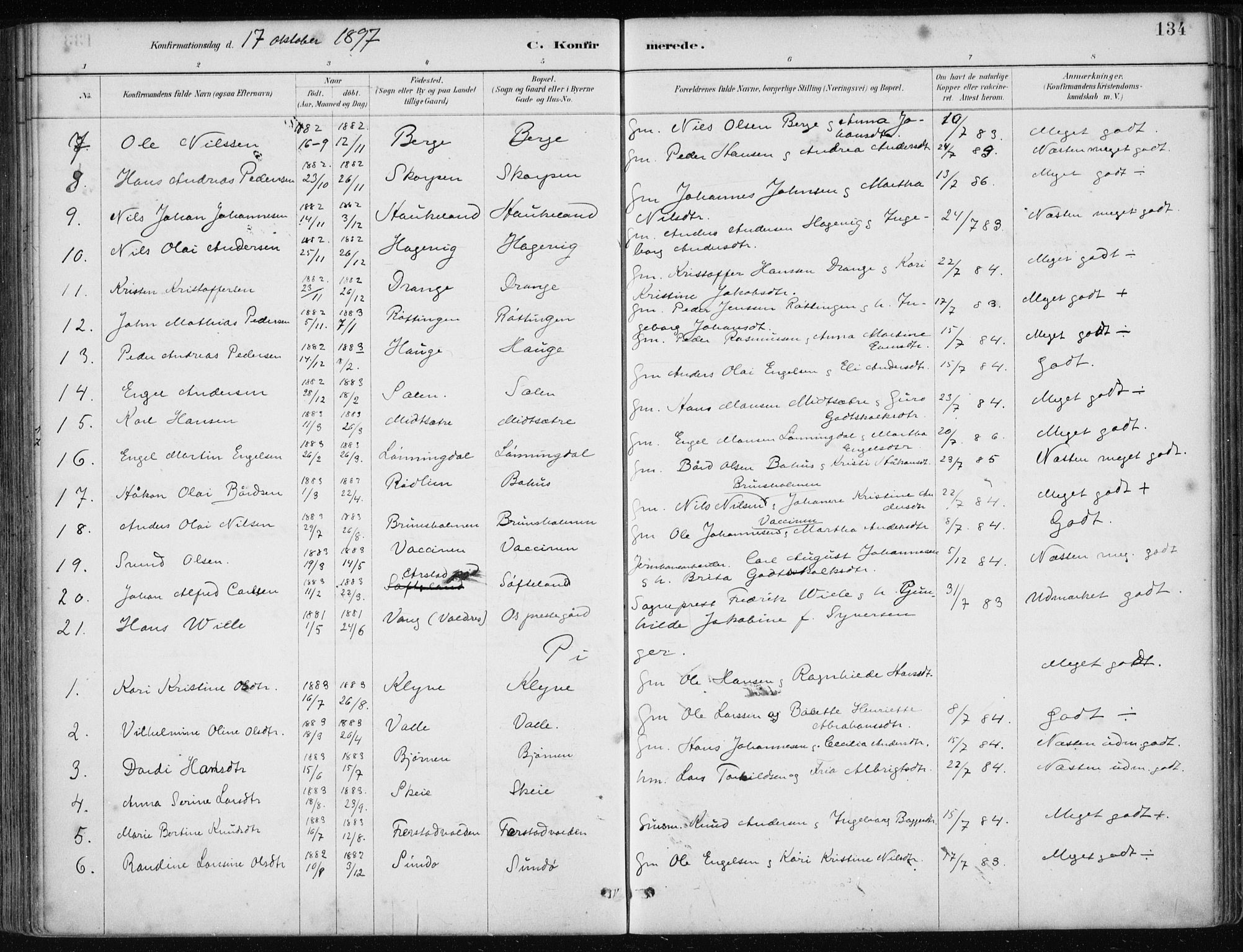 Os sokneprestembete, SAB/A-99929: Parish register (official) no. B 1, 1885-1902, p. 134