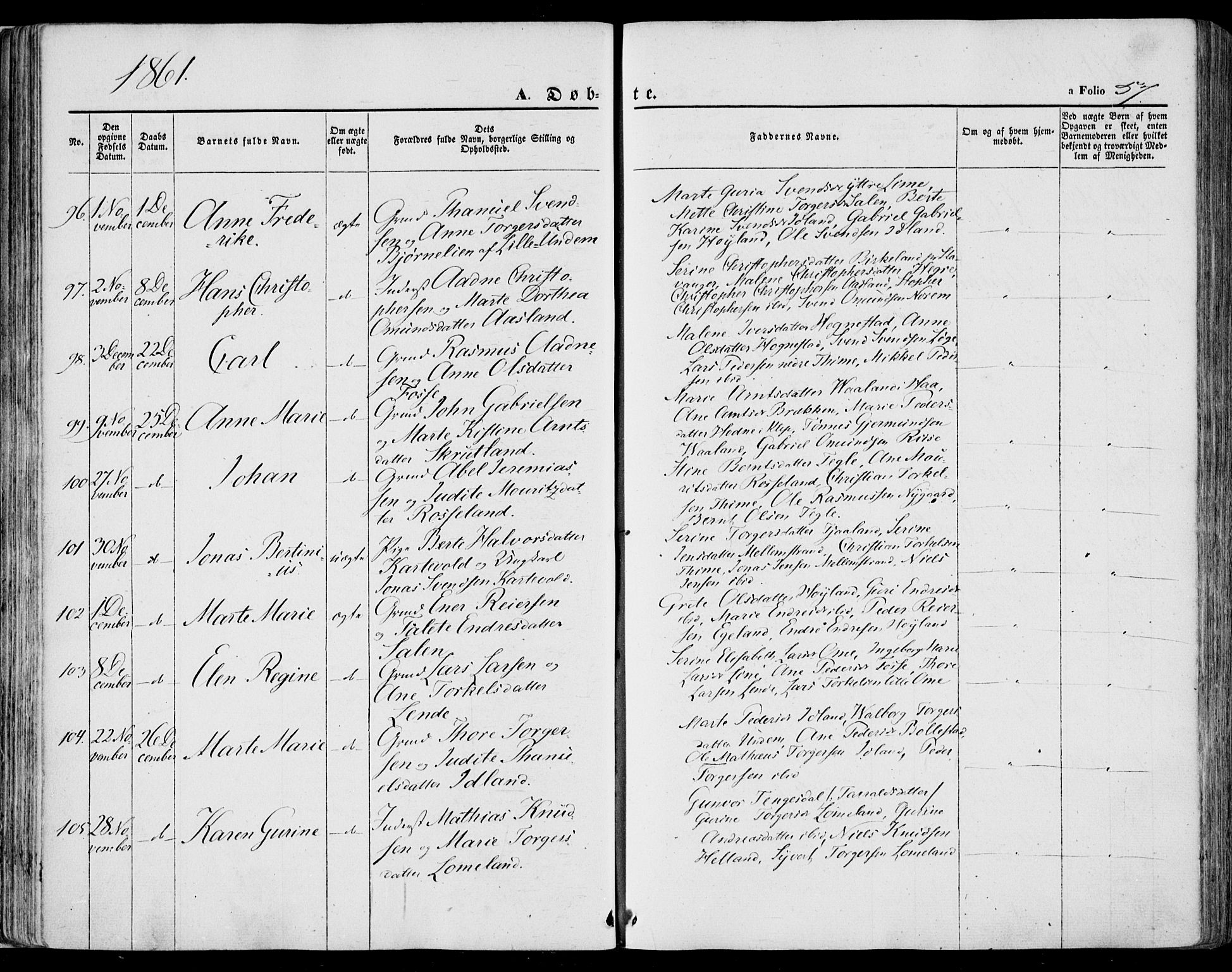 Lye sokneprestkontor, SAST/A-101794/001/30BA/L0007: Parish register (official) no. A 6, 1856-1871, p. 57