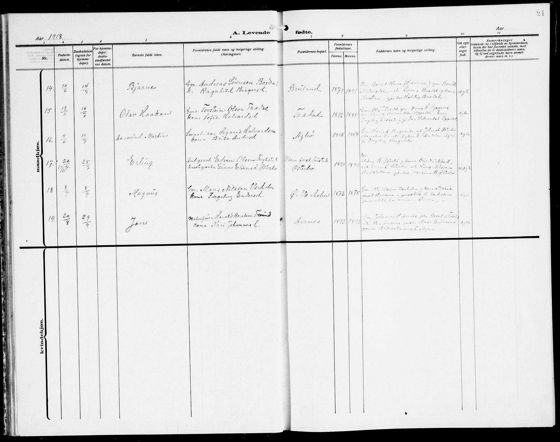 Lavik sokneprestembete, AV/SAB-A-80901: Parish register (copy) no. A 3, 1911-1942, p. 21